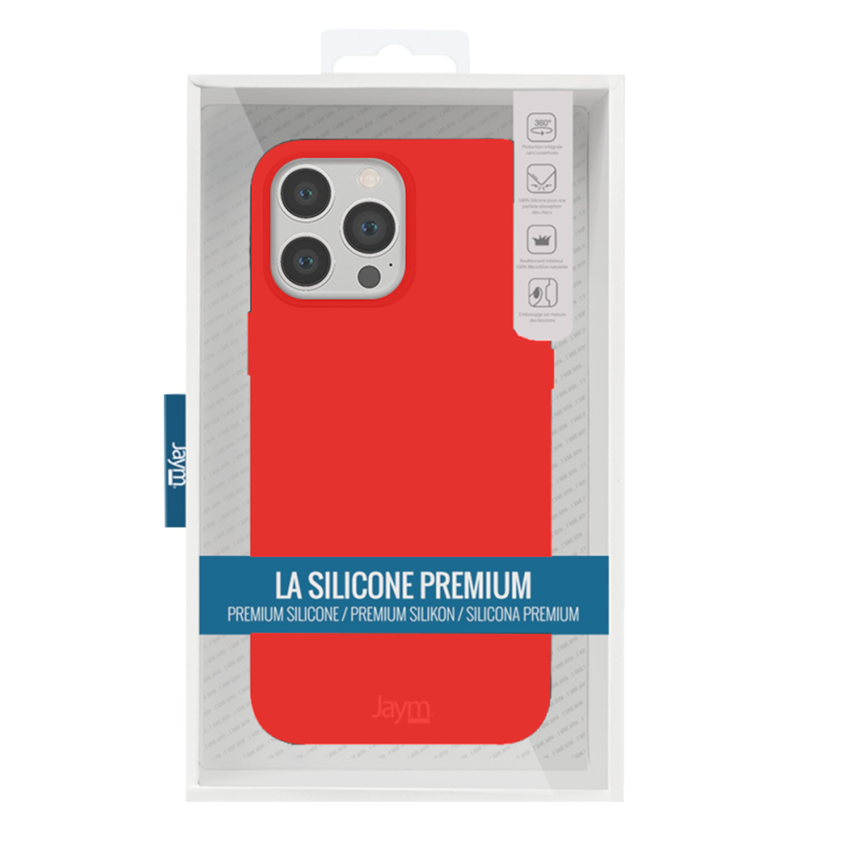 Una custodia rossa per telefono in una scatola di plastica trasparente. La custodia è per un iPhone. Il testo recita 'LA SILICONE PREMIUM'.