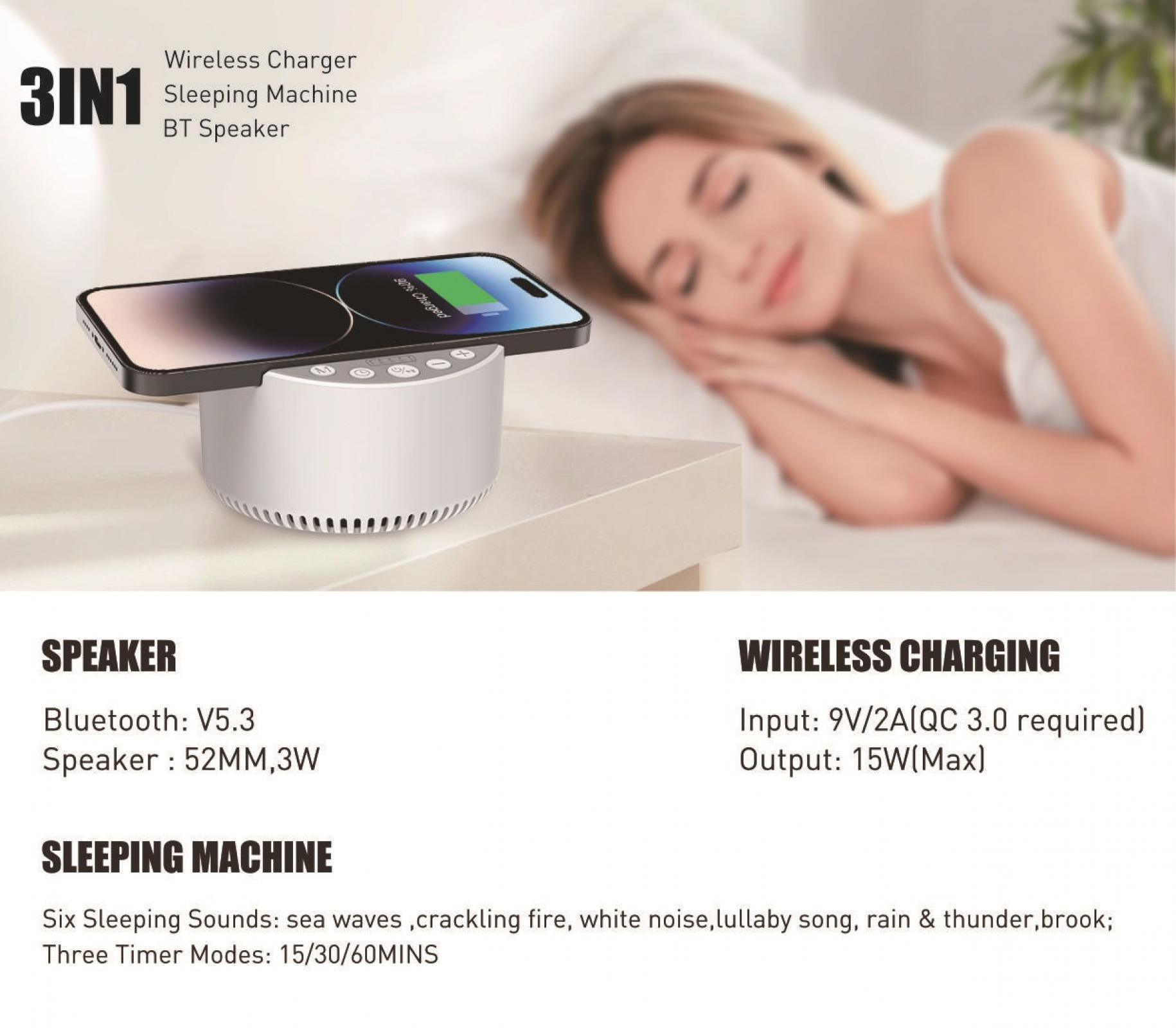 Ein 3-in-1-Gerät, das ein Telefon auflädt, mit einer schlafenden Frau im Hintergrund. Es umfasst einen Lautsprecher und eine Schlafmaschine.