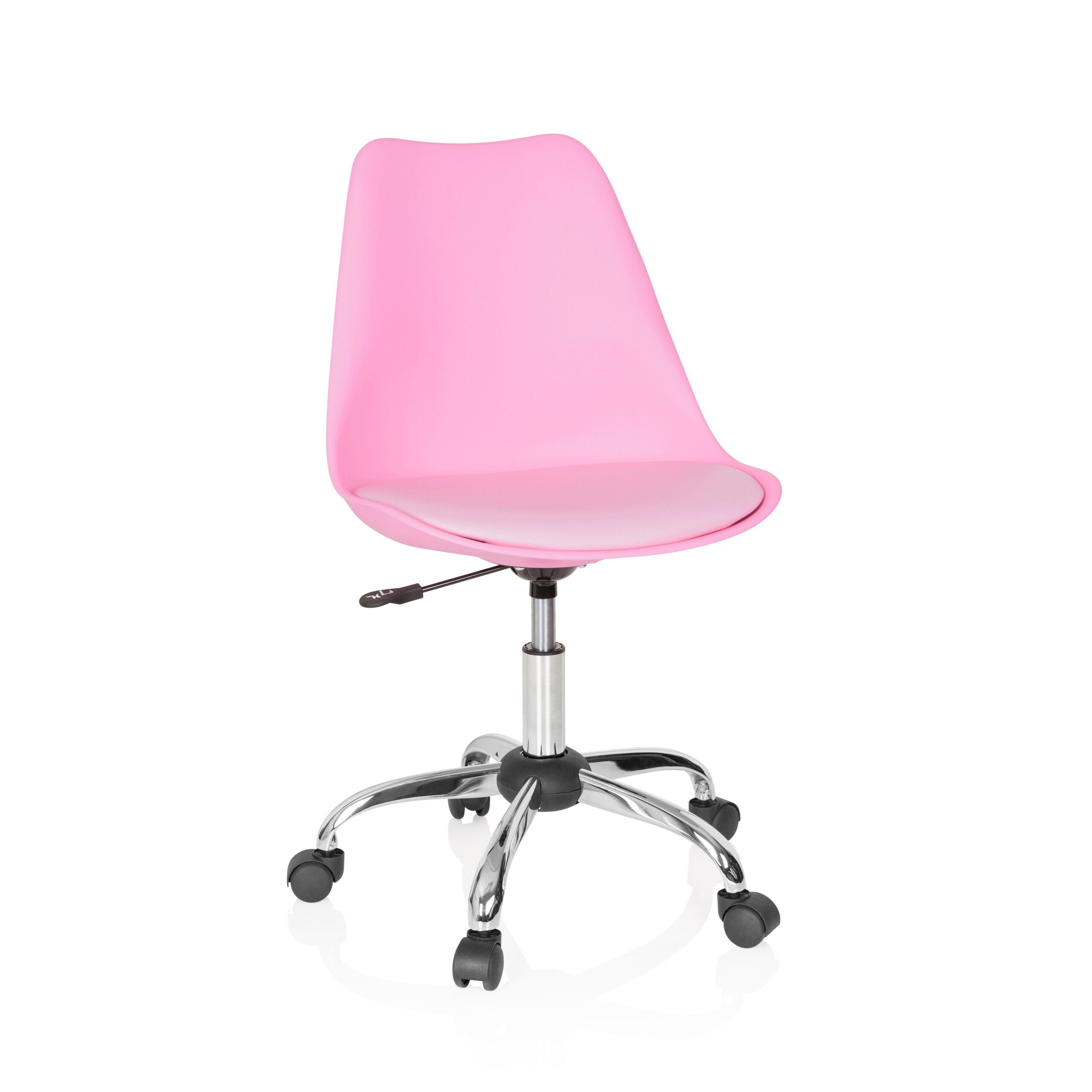 Ein rosa Bürostuhl mit Chromfuß und fünf Rollen vor weißem Hintergrund.