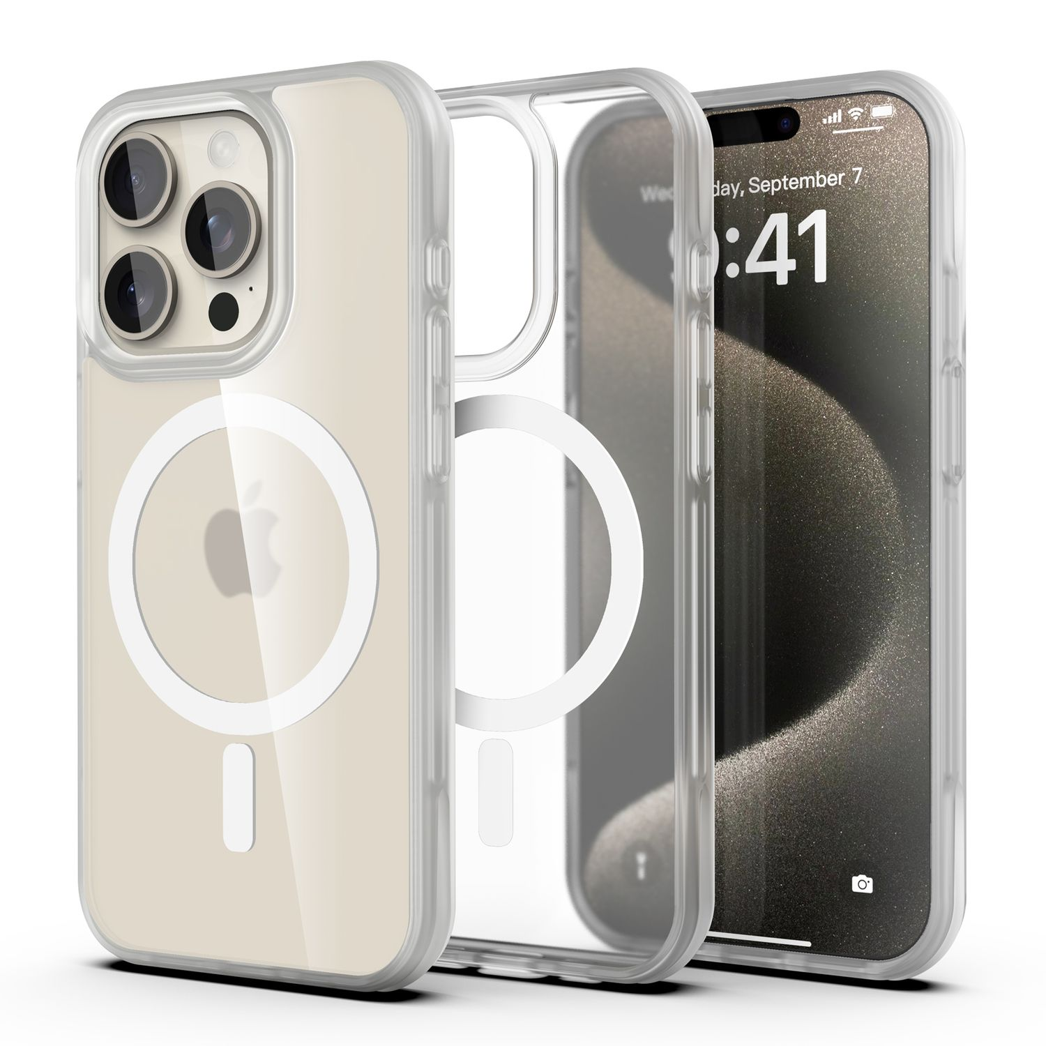 Ein iPhone mit einer durchsichtigen Hülle und einer separaten Gehäuseschicht. Das Telefon zeigt Datum und Uhrzeit an. Die Hüllen sind transparent.