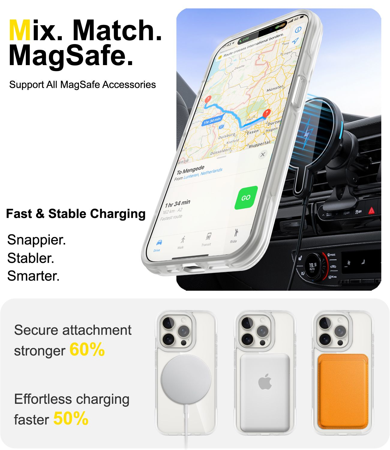 Telefon mit Navigation in einer Autohalterung. Text: Mix. Match. MagSafe. Unten sind drei Telefone mit verschiedenen MagSafe-Zubehörteilen.