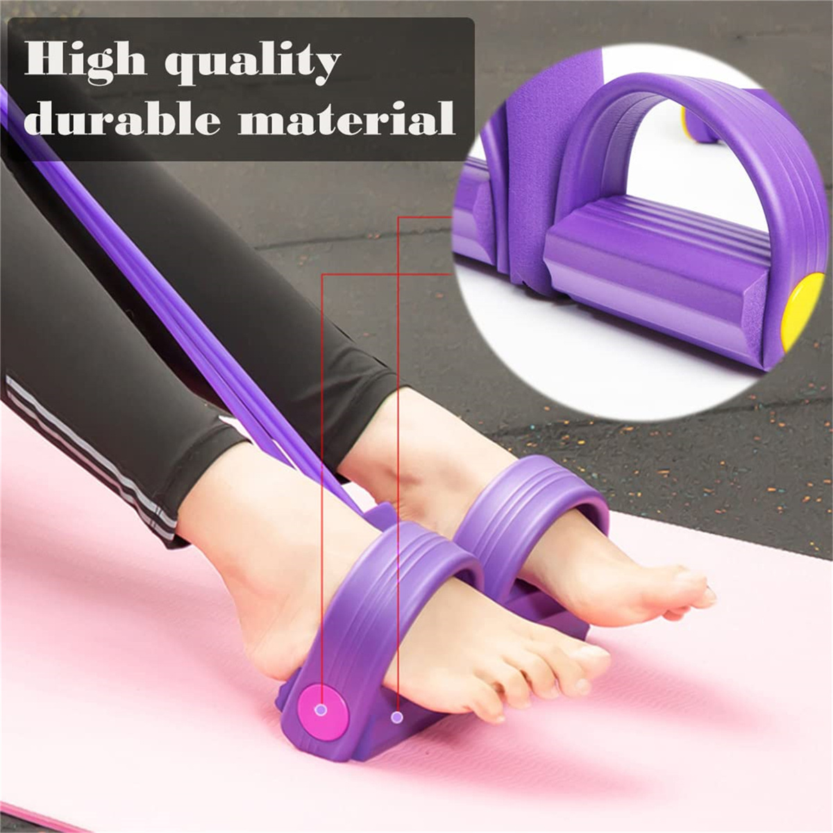 Person benutzt ein violettes Fußpedal-Trainingsgerät. Beine in schwarzer Hose, Füße in Pedalen, rosa Matte darunter. Text: Hochwertiges, langlebiges Material.
