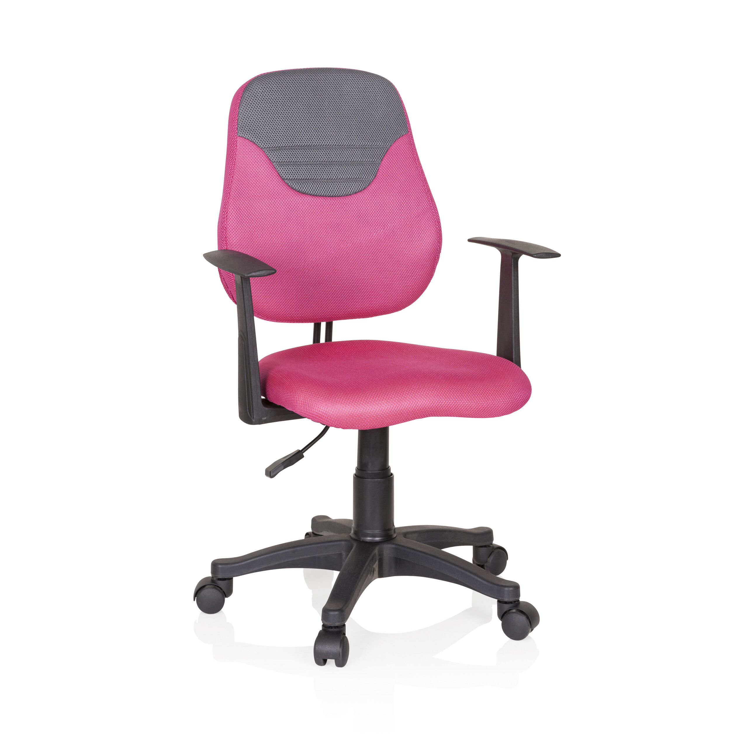 Ein pinkfarbener Bürostuhl mit grauer Kopfstütze, schwarzen Armlehnen und Fuß. Der Stuhl steht auf weißem Grund.