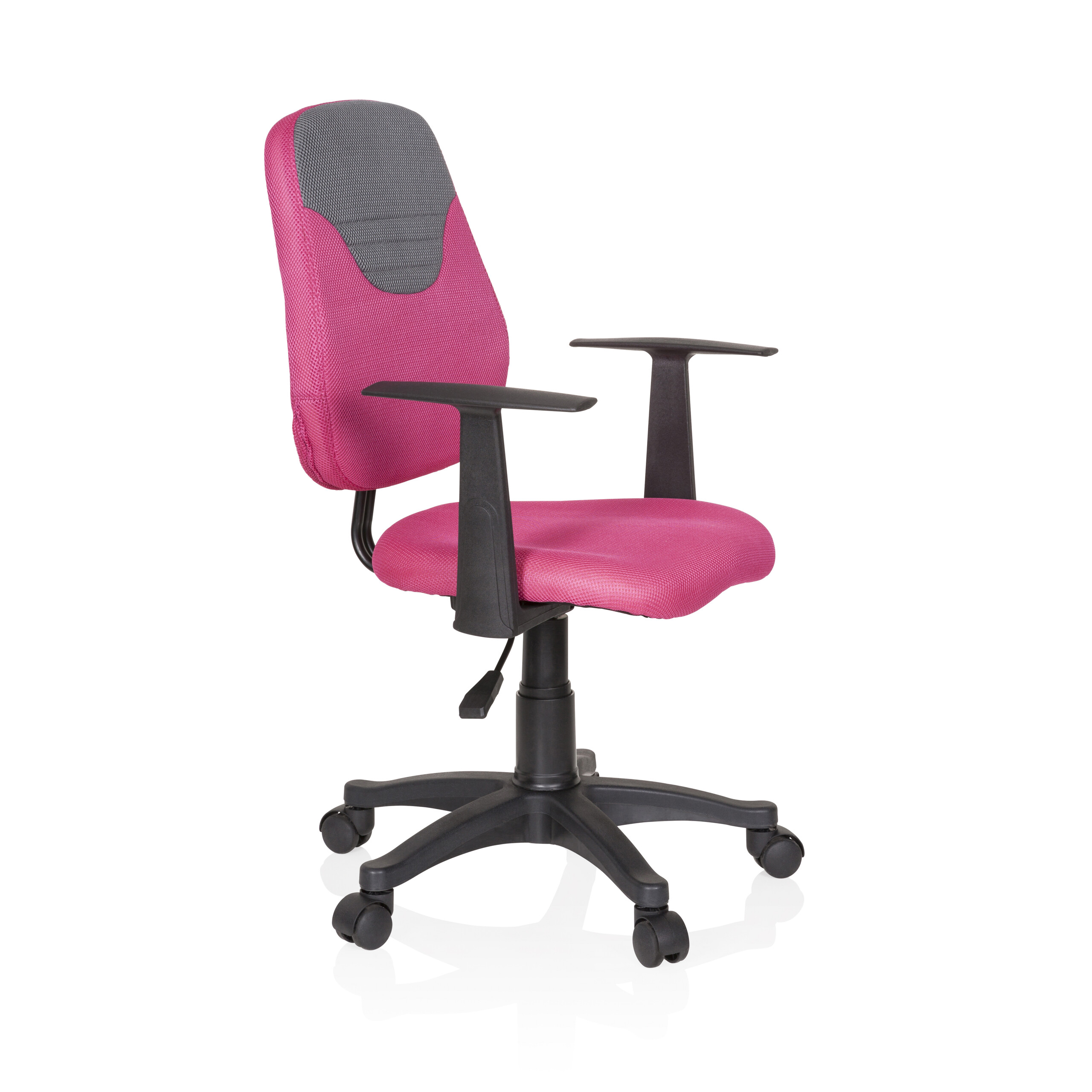 Ein pinker und schwarzer Bürostuhl auf weißem Hintergrund. Er hat eine graue Kopfstütze und schwarze Armlehnen.