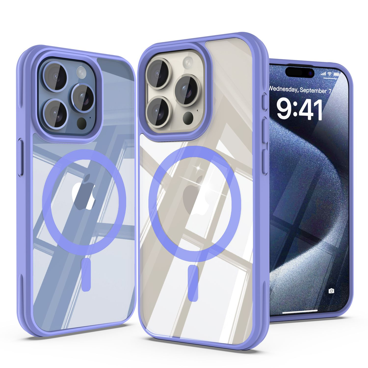 Drei iPhones mit lila Handyhüllen werden gezeigt. Jede Hülle hat eine durchsichtige Rückseite mit lila Rand und Ring.
