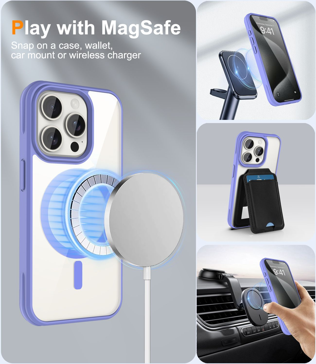 Eine Handyhülle mit MagSafe-Funktionen. Es zeigt ein Telefon, das an einem Ladegerät, einer Geldbörse und einer Autohalterung befestigt ist.