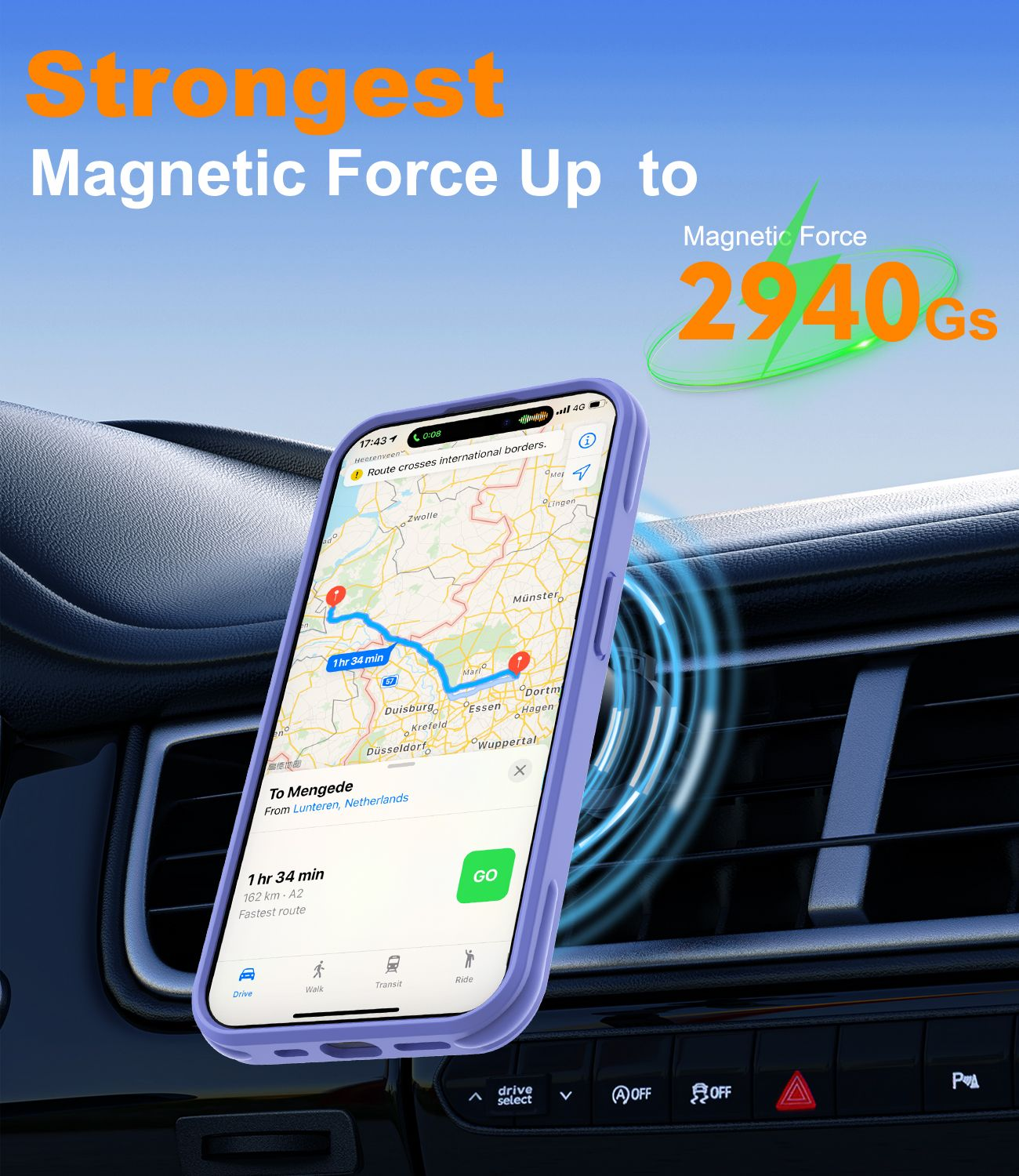 Ein Telefon mit Navigations-App ist in einem Auto montiert. Text zeigt 'Stärkste Magnetkraft' und '2940Gs'.