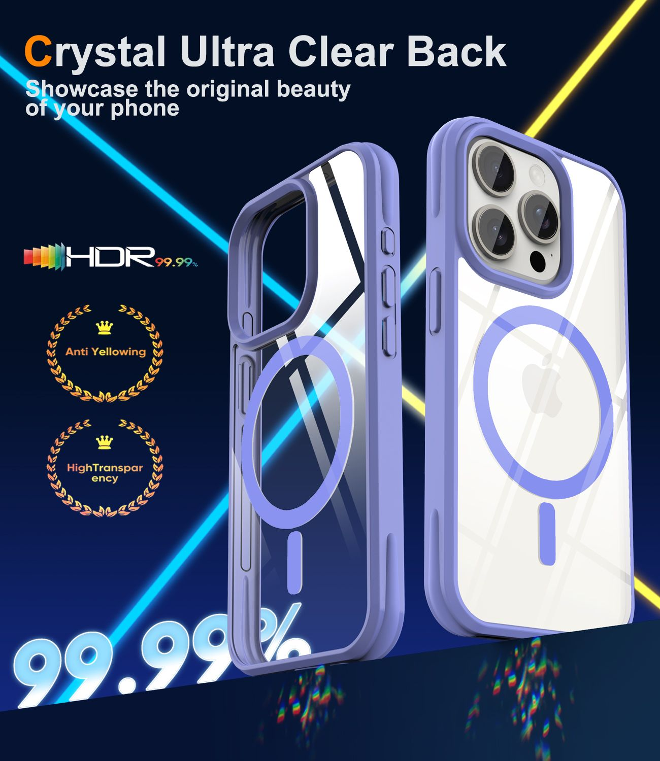 Zwei Handyhüllen mit transparentem Rückendesign und blauen Akzenten. Text hebt HDR, Anti-Vergilbung und hohe Transparenz hervor.