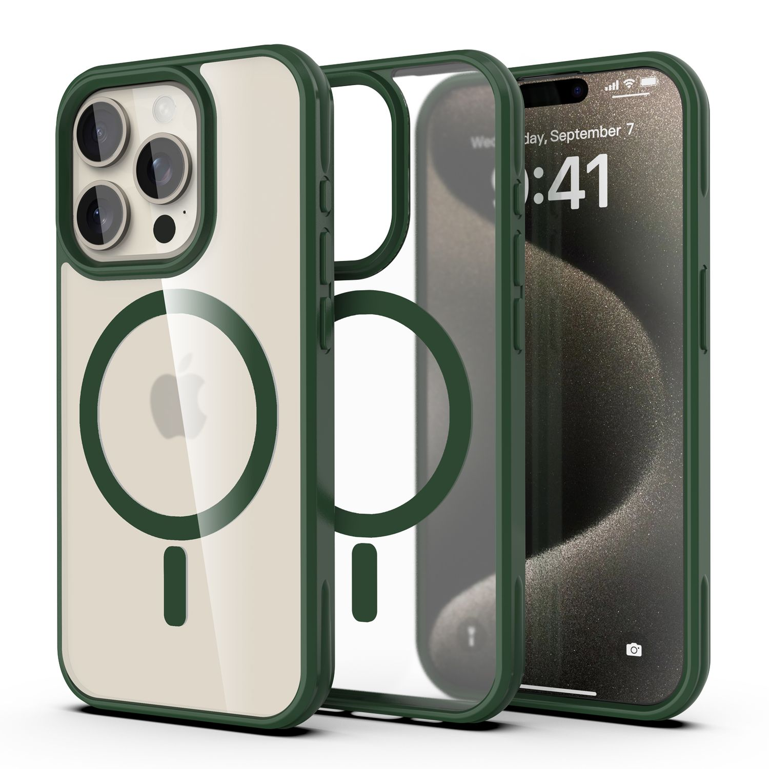 Ein iPhone mit grüner Hülle wird gezeigt. Die Hülle ist transparent mit grünen Rändern. Das Telefon zeigt Datum und Uhrzeit an: 7. September, 4:41.