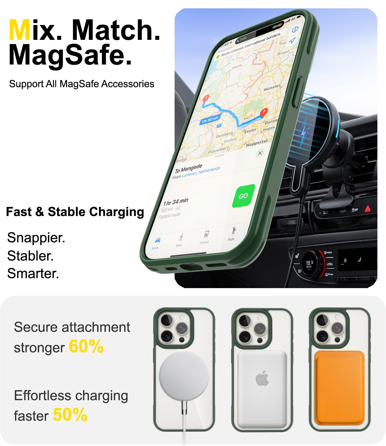 Telefon in Autohalterung mit Navigationskarte. MagSafe-Zubehör wie Handyhüllen mit Ladegeräten und Geldbörsen.