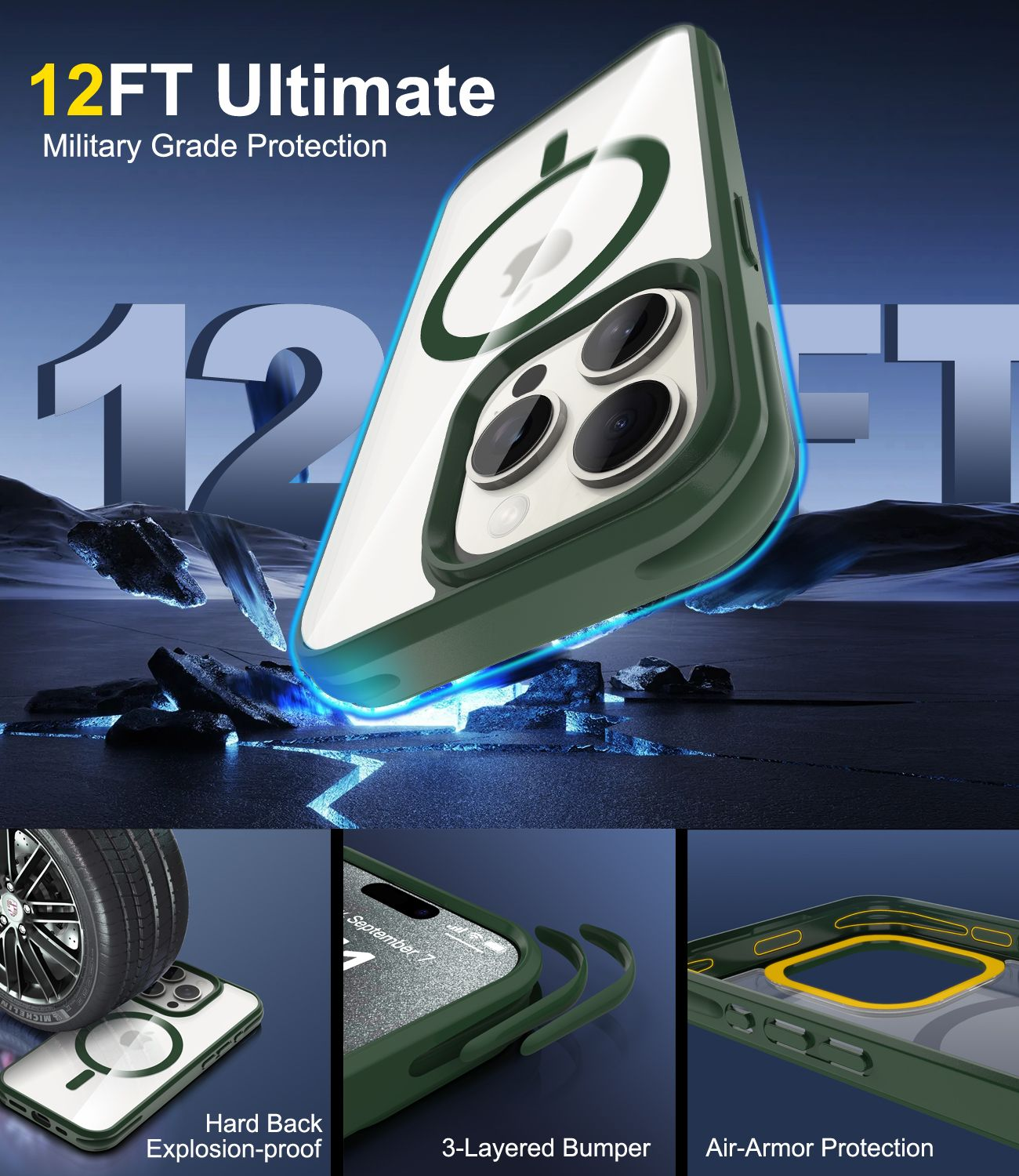 Das Bild zeigt eine Handyhülle mit dem Text „12FT Ultimate“. Es betont die Schutzfunktionen: harter Rücken, 3-lagiger Stoßfänger und Luftpanzer.