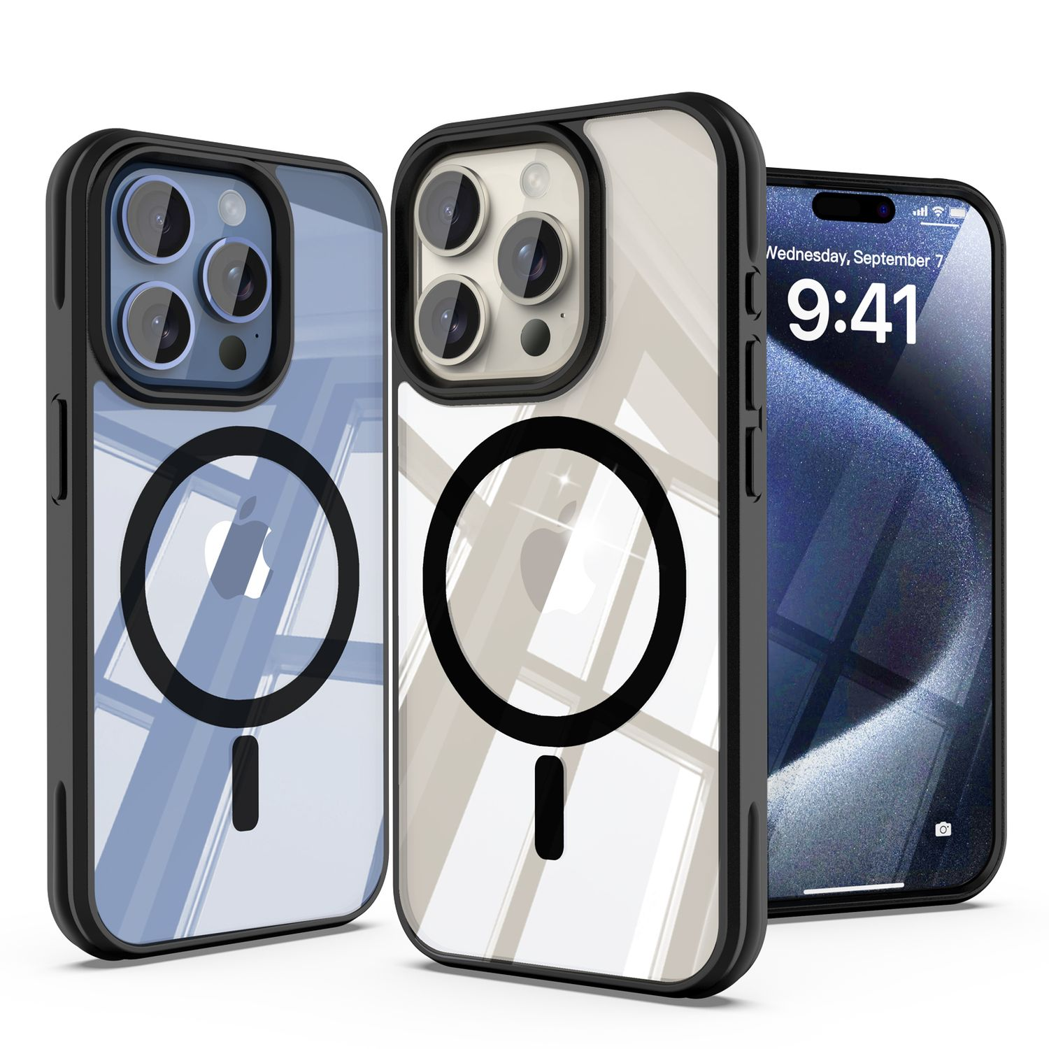 Drei iPhones mit Schutzhüllen. Zwei Hüllen sind transparent mit schwarzen Ringen und einem weißen Apple-Logo. Eines zeigt den Bildschirm.