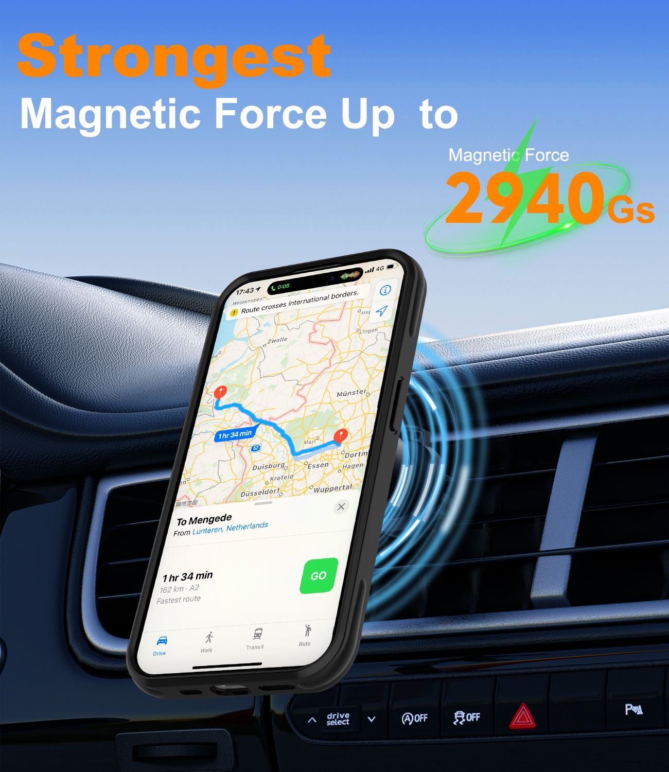 Ein Telefon mit Navigations-App ist auf dem Armaturenbrett eines Autos montiert. Text zeigt starke Magnetkraft an.