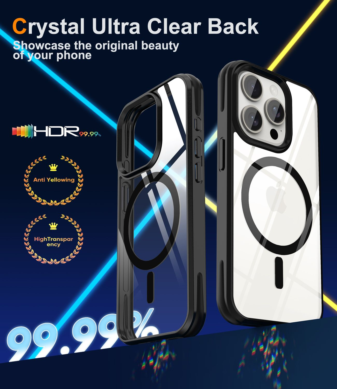 Das Bild zeigt Handyhüllen mit Marketingtext: Crystal Clear Back, HDR 99,99%, Anti-Vergilbung, Hohe Transparenz. 99,99% wird ebenfalls angezeigt.