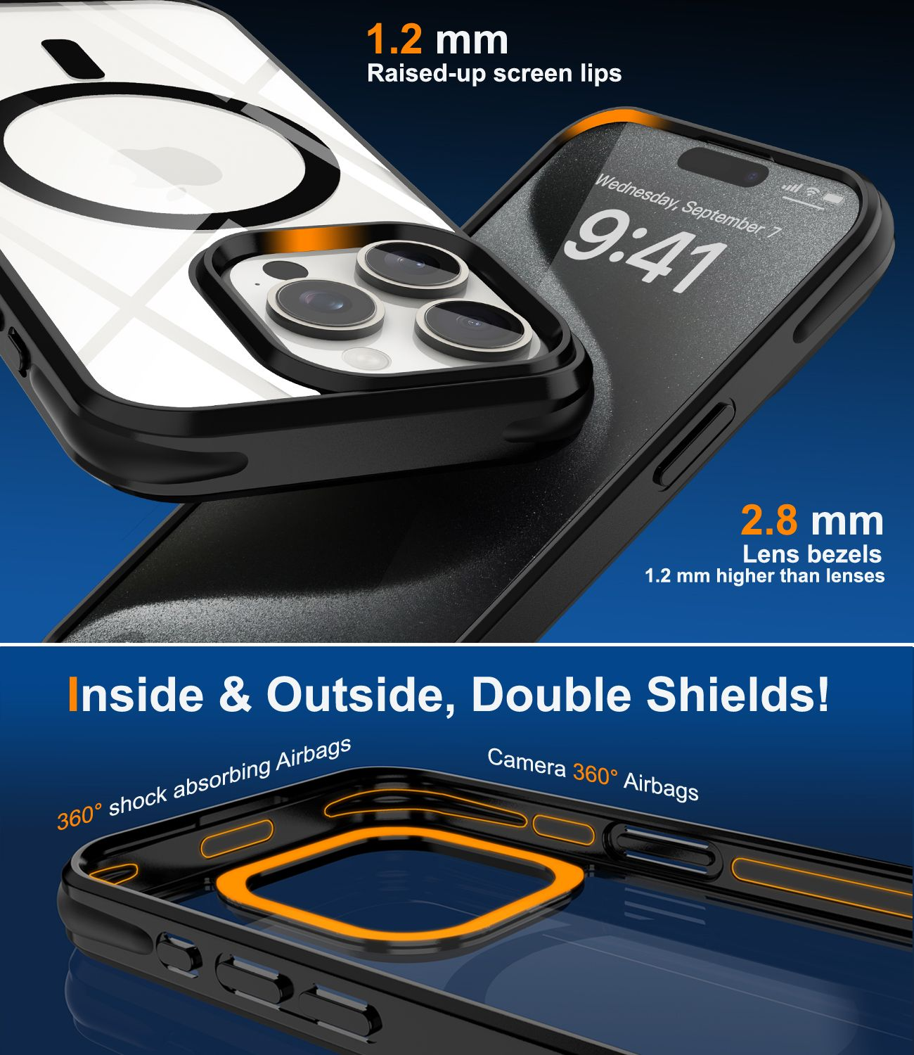 Eine Handyhülle mit dem Telefon darin. Zu den Merkmalen gehören Bildschirmlippen, Linsenblenden und Airbags zur Stoßdämpfung. Das Telefon zeigt die Uhrzeit an.