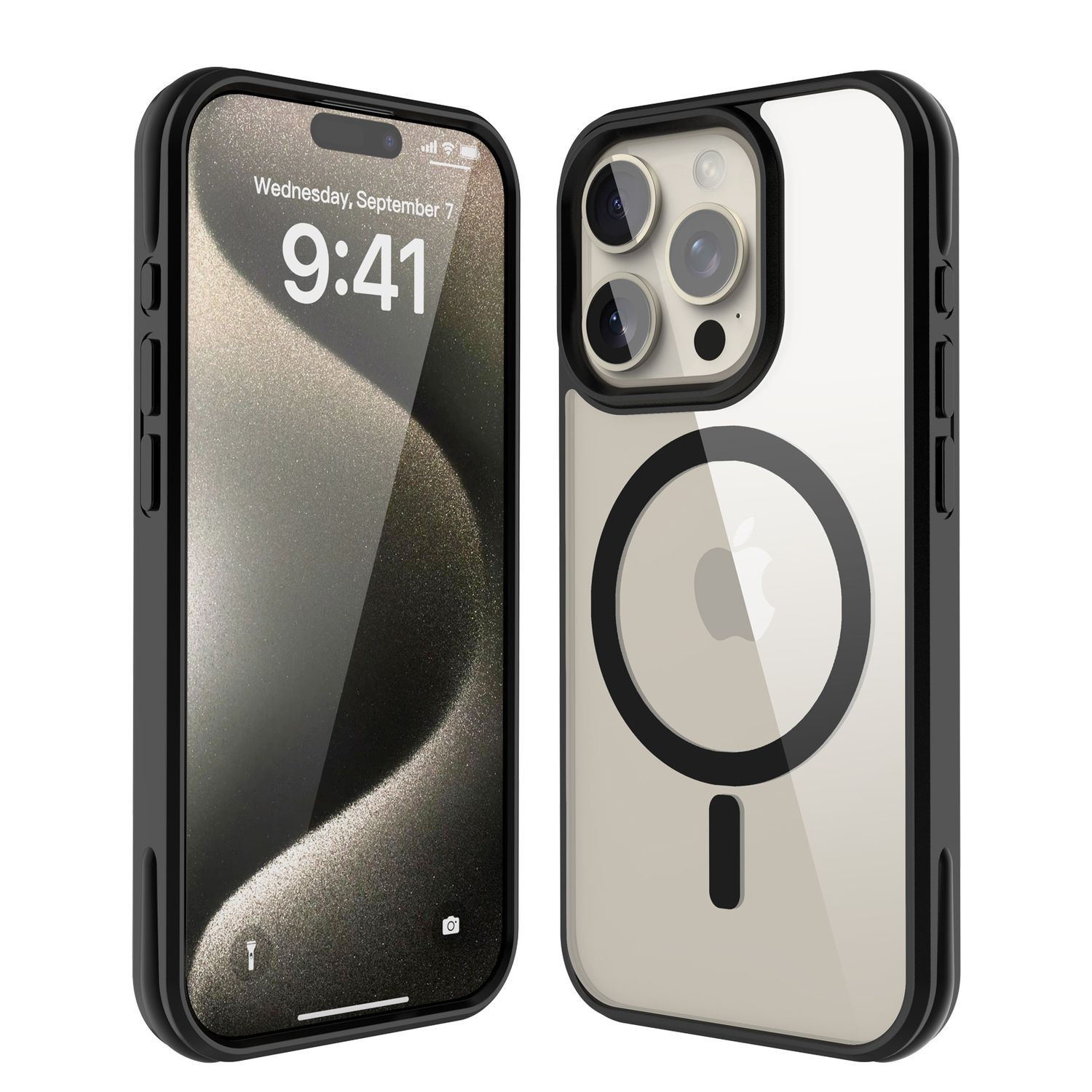 Zwei iPhone-Hüllen, eine mit Bildschirm mit Datum und Uhrzeit, die andere mit Rückseite mit Kamera und Apple-Logo.