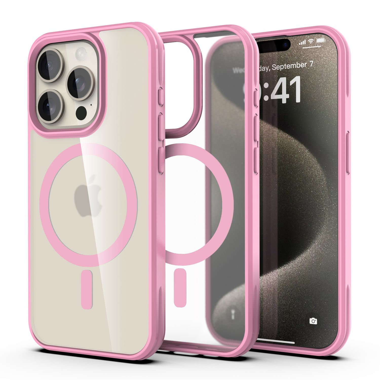 Rosa iPhone-Hülle mit drei Teilen: Telefon, transparente Hülle und pinker Rahmen. Das Telefon zeigt Datum und Uhrzeit. Apple-Logo sichtbar.