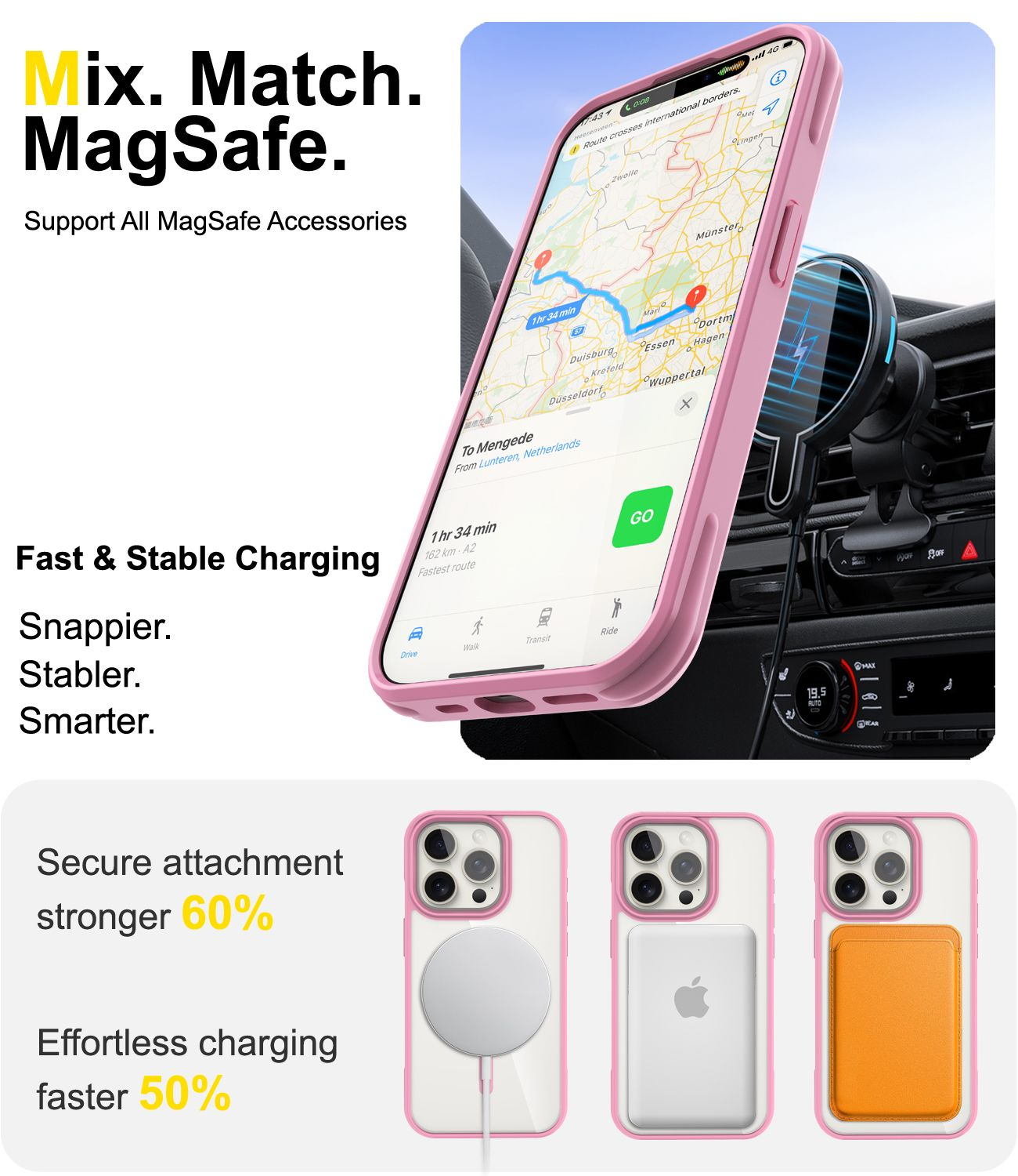 Ein Telefon mit rosa Hülle zeigt eine Navigations-App im Auto, das drahtlos an einer Telefonhalterung geladen wird. Text zu MagSafe-Zubehör.