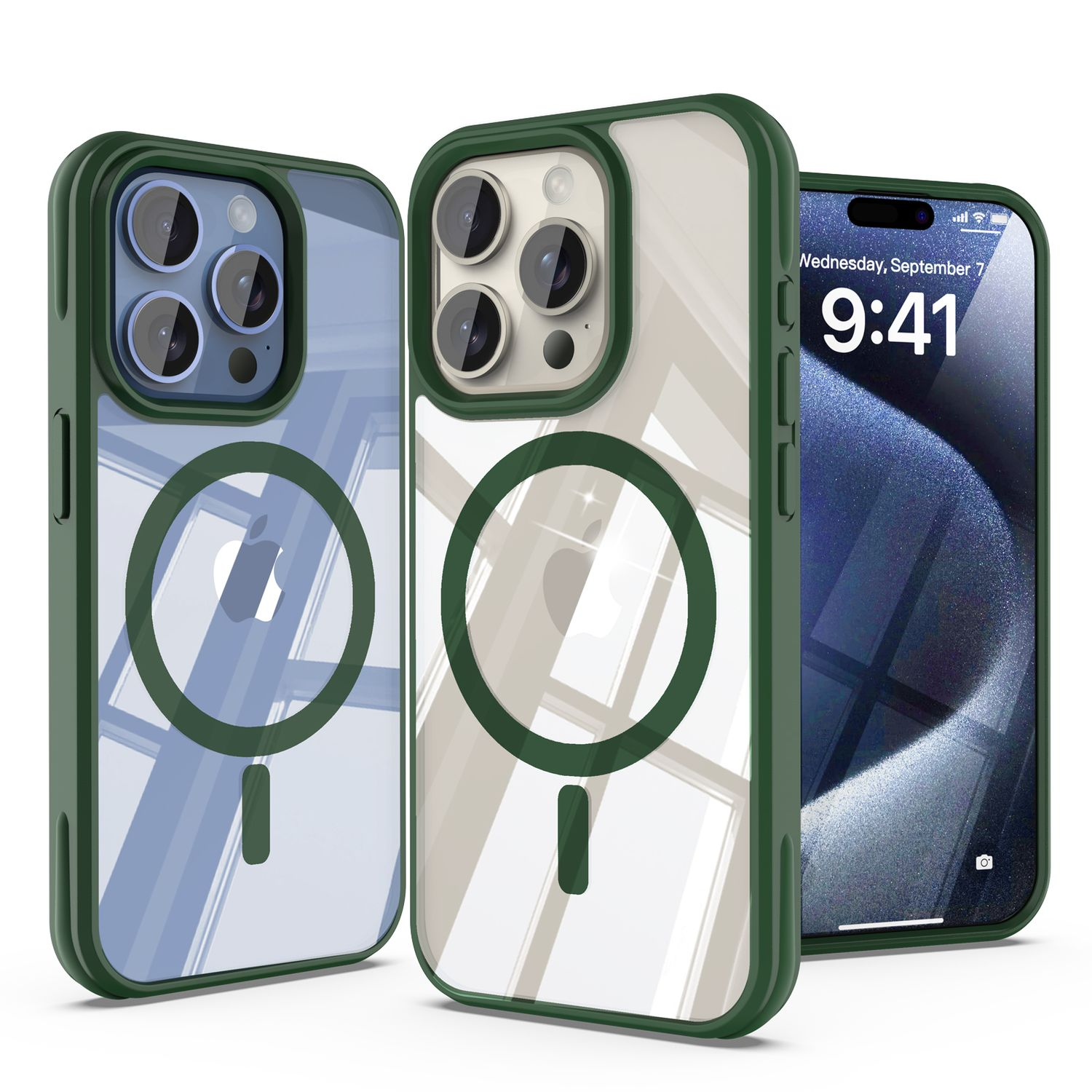 Drei iPhones in grünen Hüllen. Hüllen haben klare Rückseiten und dunkelgrüne Ränder. Das erste hat drei Kameras, das zweite vier, und das dritte zeigt den Bildschirm.