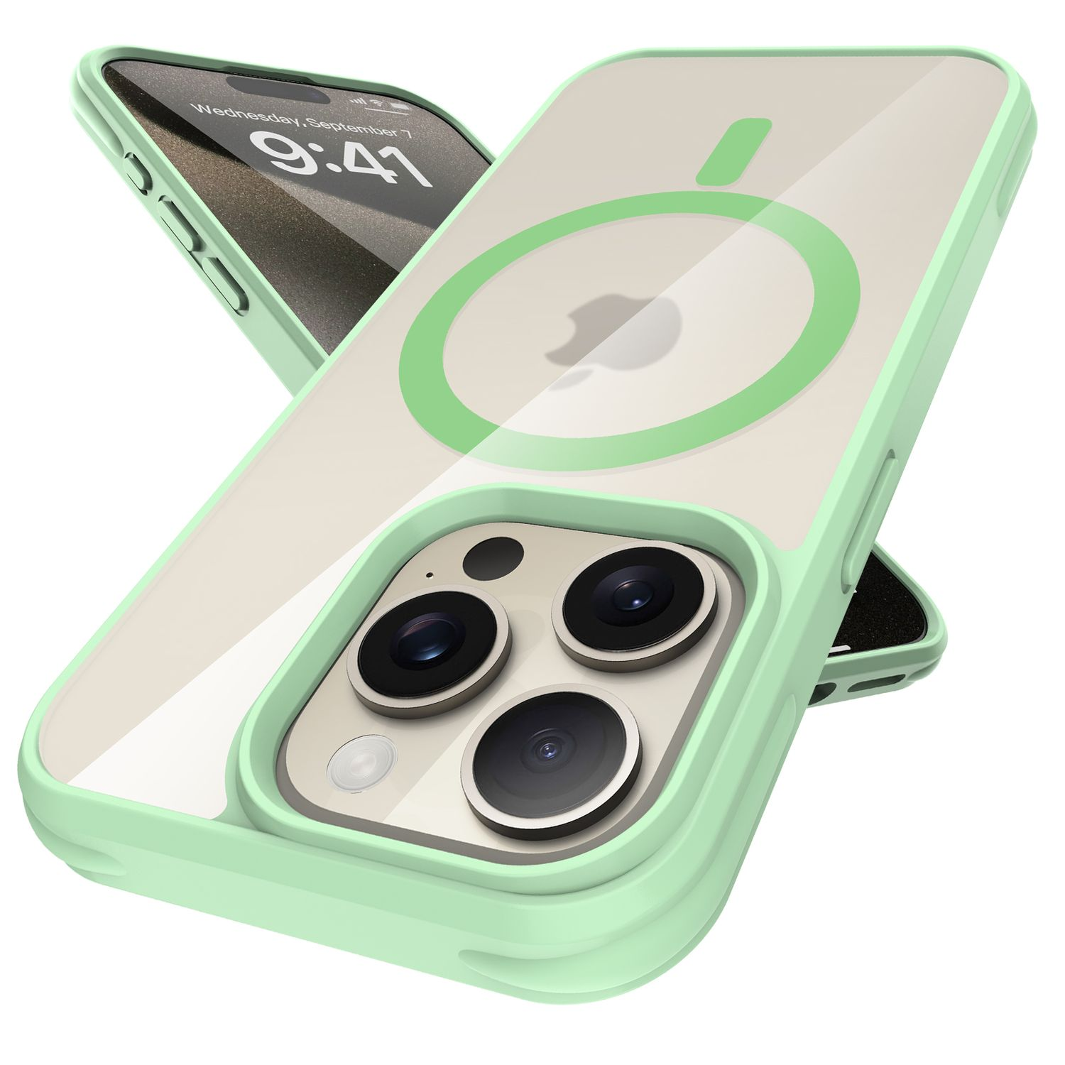 Ein iPhone in einer durchsichtigen, mintgrünen Hülle. Auf dem Bildschirm ist die Uhrzeit zu sehen. Die Hülle hat einen MagSafe-Ring. Drei Kameralinsen sichtbar.