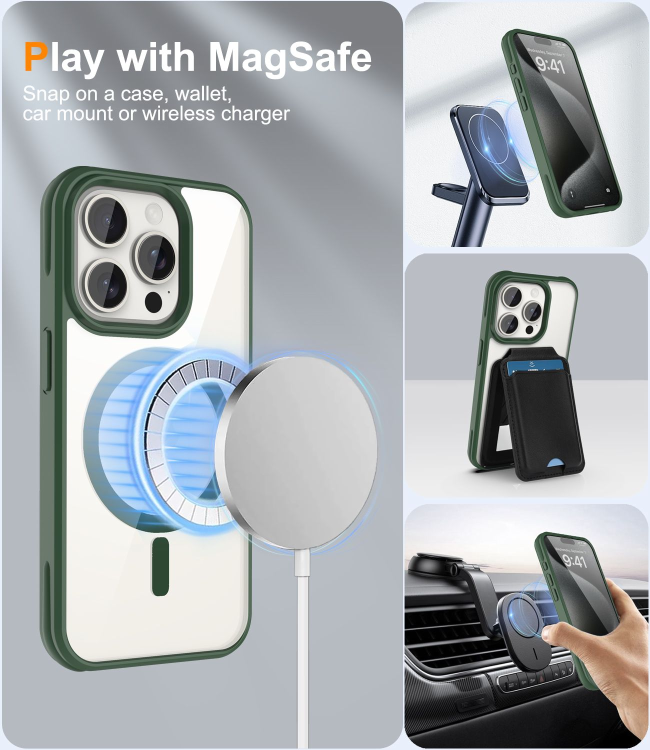 Ein iPhone-Case mit MagSafe-Funktionen, einschließlich Ladegerät, Brieftasche und Autohalterung. Das Case ist grün und weiß.