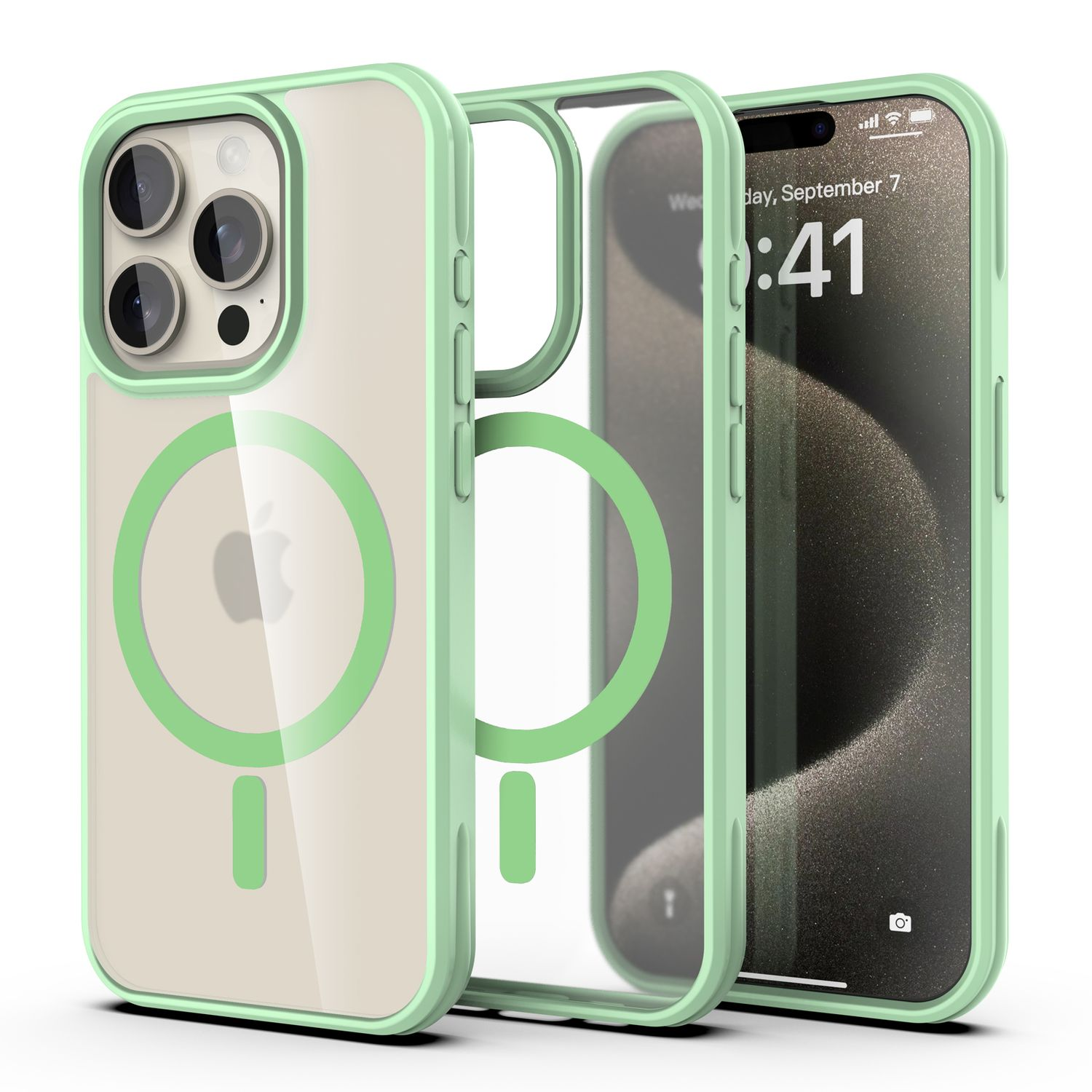 Eine grüne Handyhülle mit durchsichtigem Rücken und einem iPhone. Die Hülle hat einen Magnetring und einen mintgrünen Rahmen. Das Telefon zeigt die Zeit an.