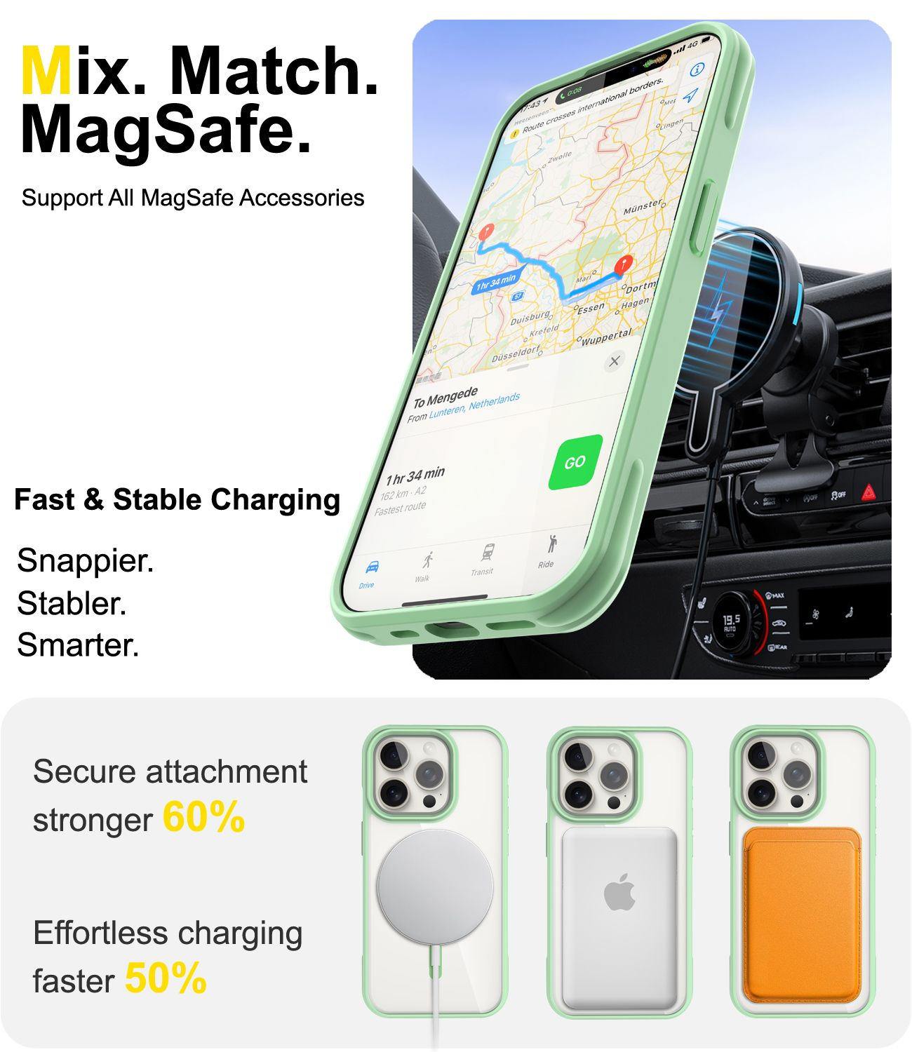 Telefon mit Karte in einer Autohalterung, lädt. Text: Mix. Match. MagSafe. Sicherer Halt stärker 60 %, Laden schneller 50 %.