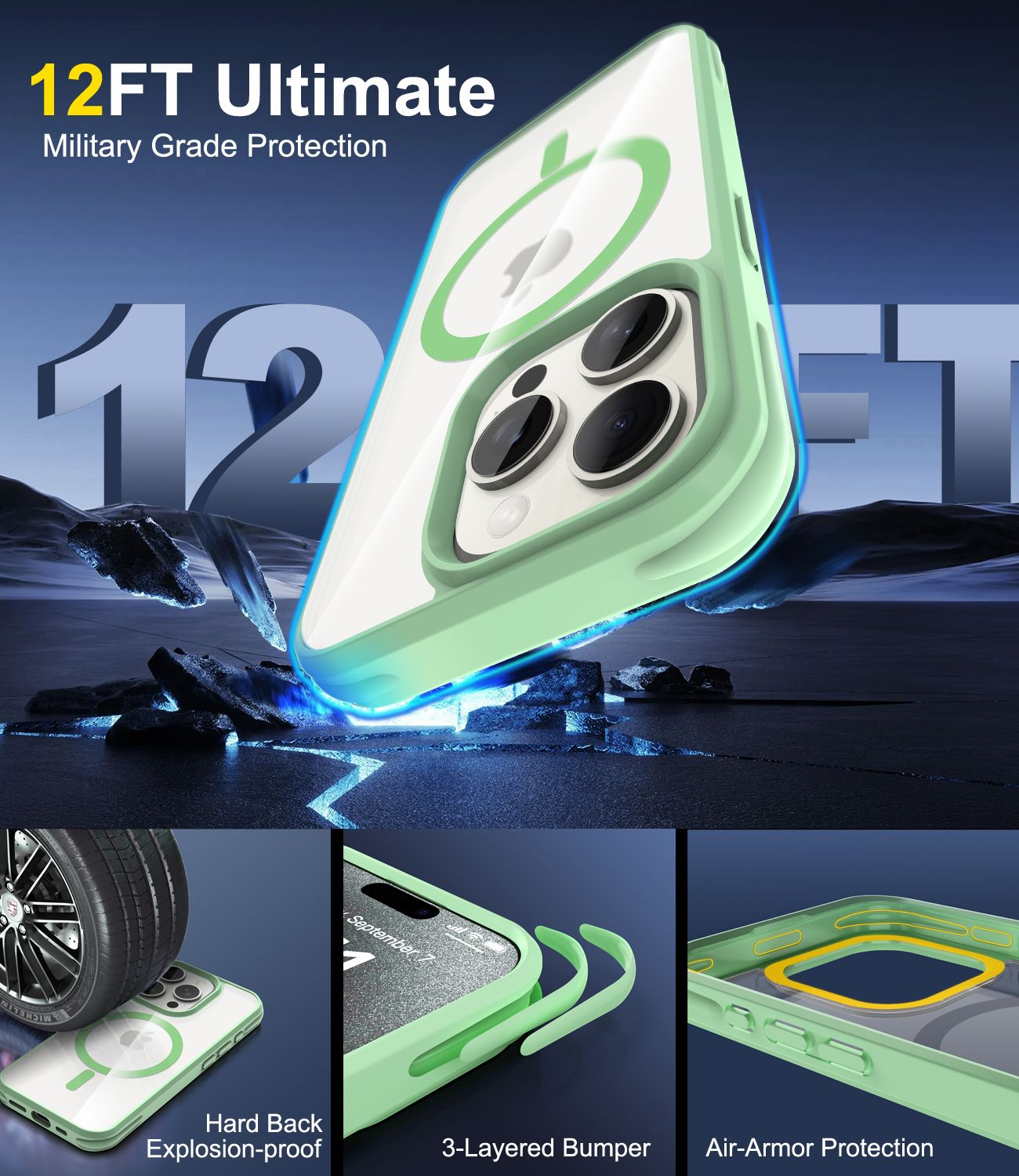 Eine Handyhülle mit grünem Rahmen, die Funktionen wie 3-Schichten-Stoßfänger und Luftpanzerschutz zeigt. Text: '12FT Ultimate'.