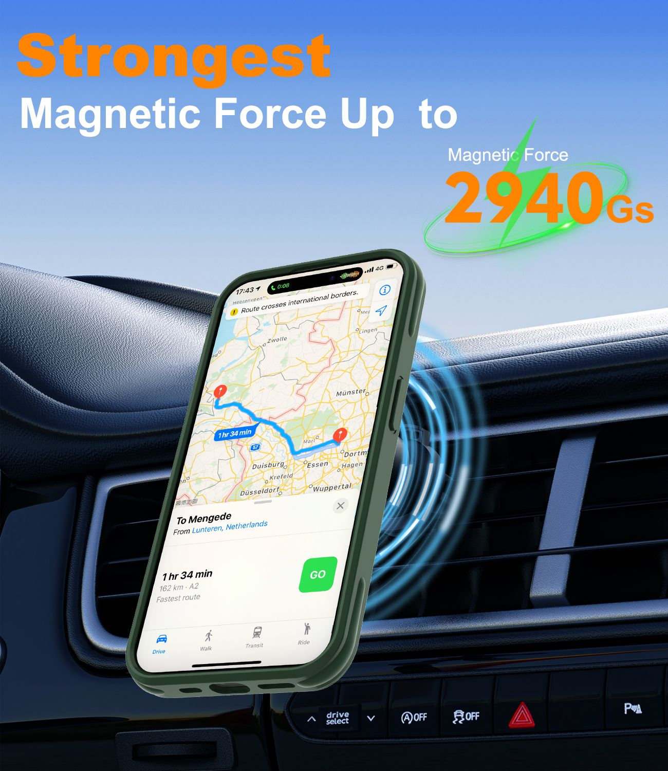 Ein Smartphone mit Navigation ist in einem Auto montiert. Der Bildschirm zeigt eine Kartenroute mit dem Text 'Stärkste Magnetkraft bis zu 2940Gs'.