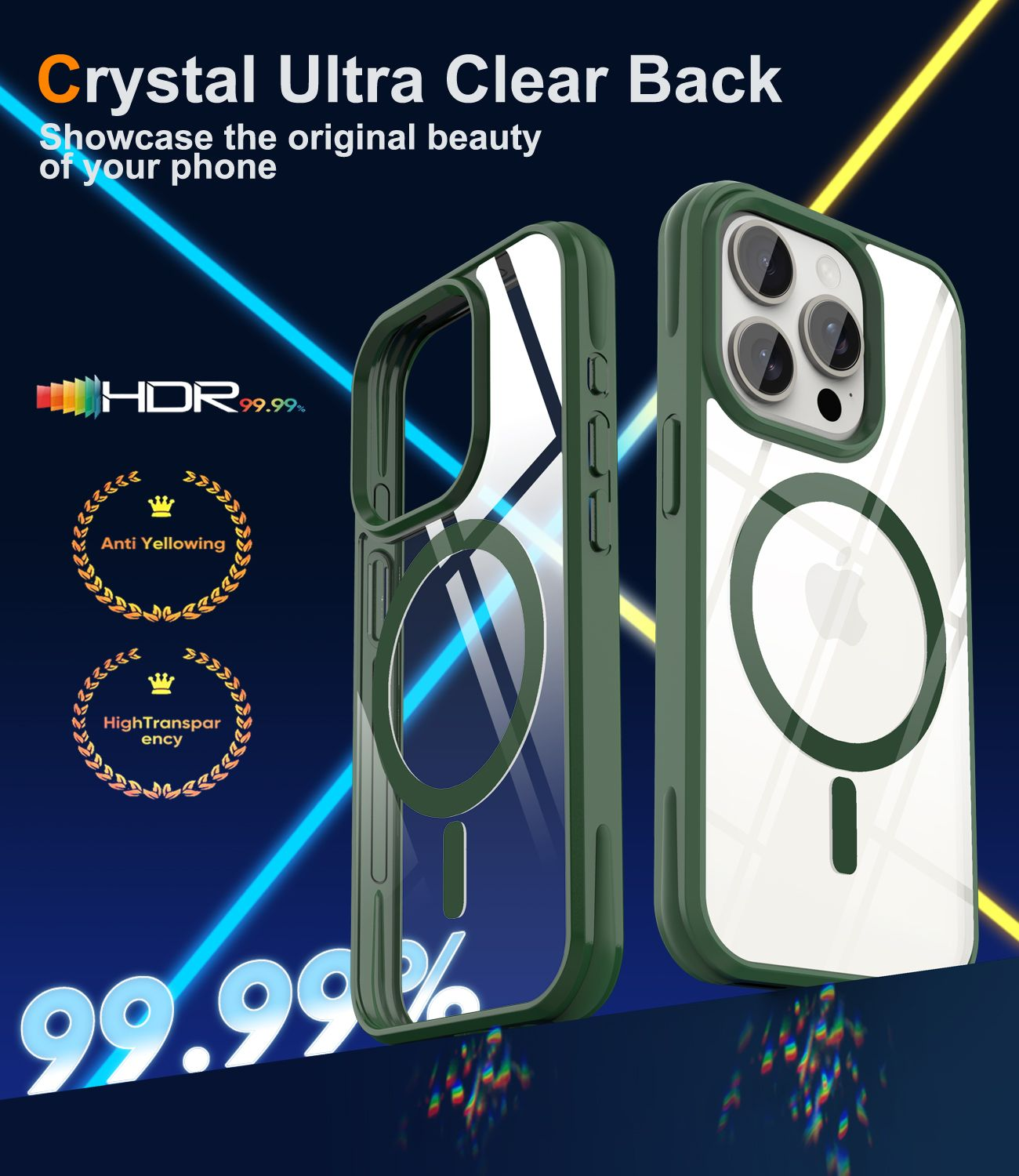 Bild zeigt zwei Handyhüllen. Eine ist grün, die andere transparent. Text zeigt 'Crystal Ultra Clear Back' und '99,99% HDR'.