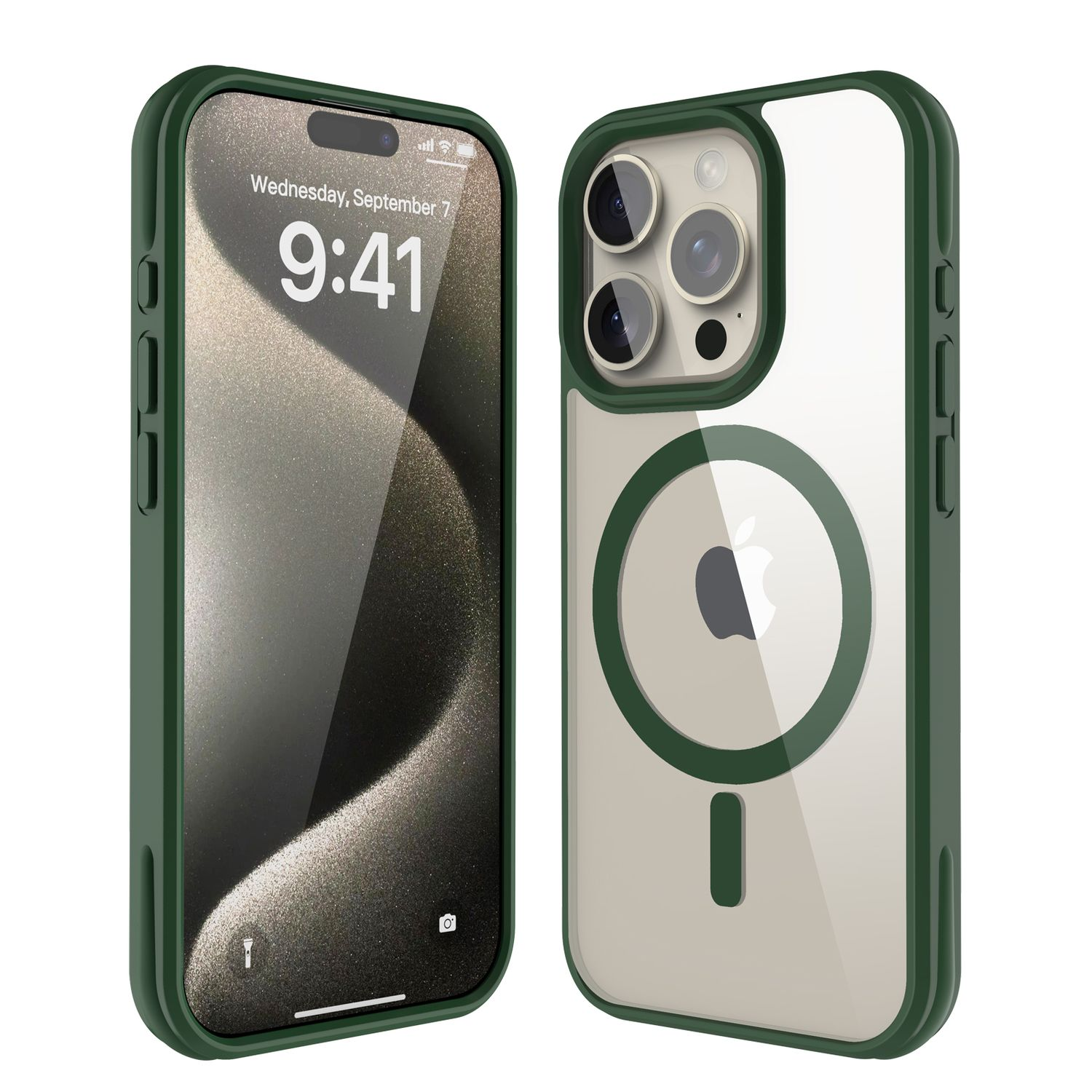 Zwei grüne iPhone-Hüllen. Eine zeigt den Bildschirm um 9:41 Uhr am Mittwoch, 7. Sept. Die andere zeigt die Rückseite mit MagSafe-Ring und Apple-Logo.