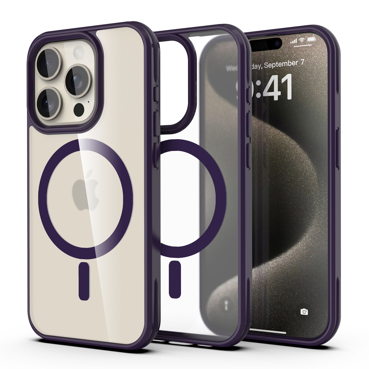 Ein iPhone mit lila Hülle, die Hülle, ein separater Rahmen und der Bildschirm mit Datum und Uhrzeit.