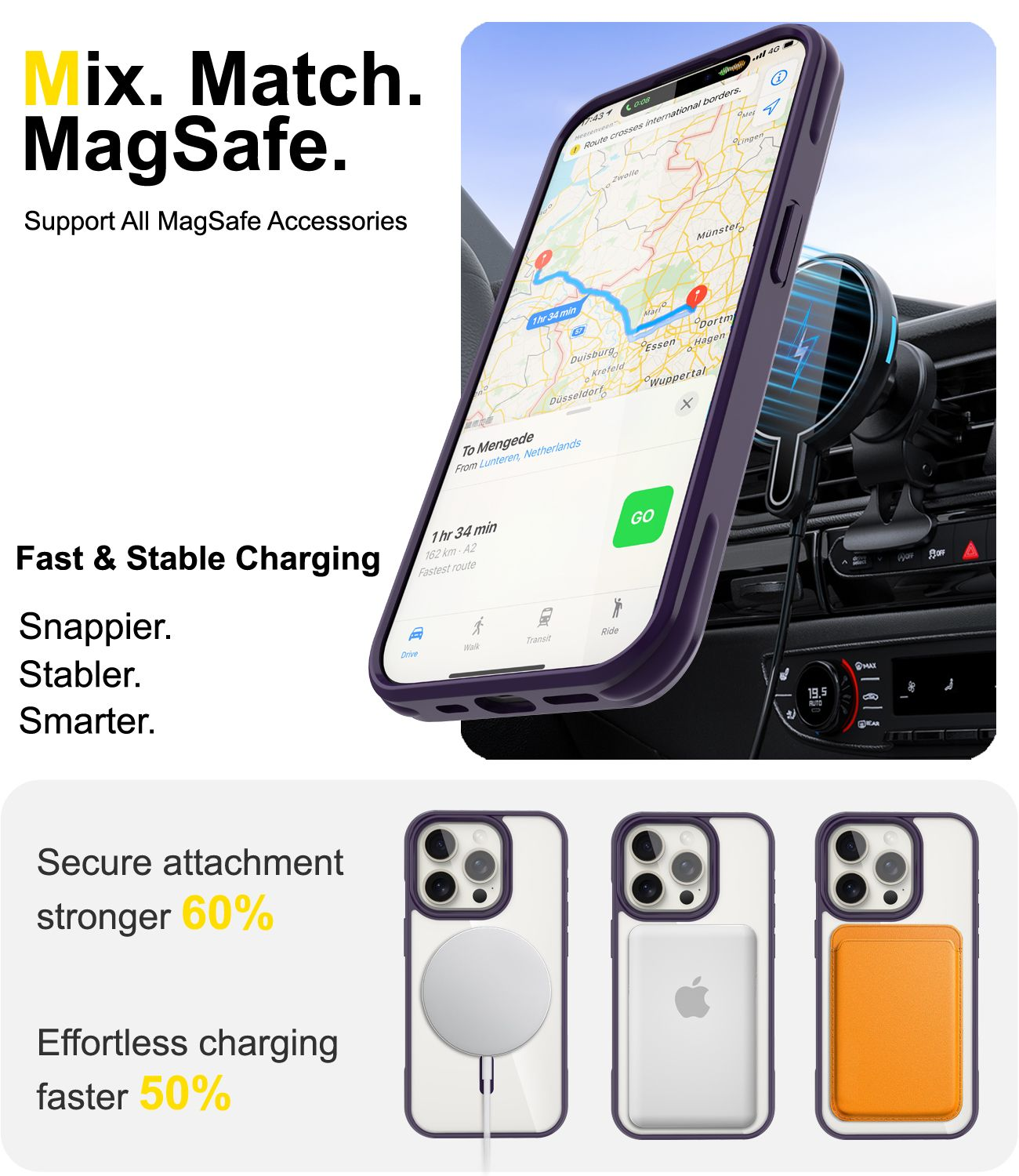 Ein Telefon mit Karte ist im Auto montiert. Zubehör wird unten gezeigt. Text beschreibt sichere Befestigung und müheloses Aufladen.