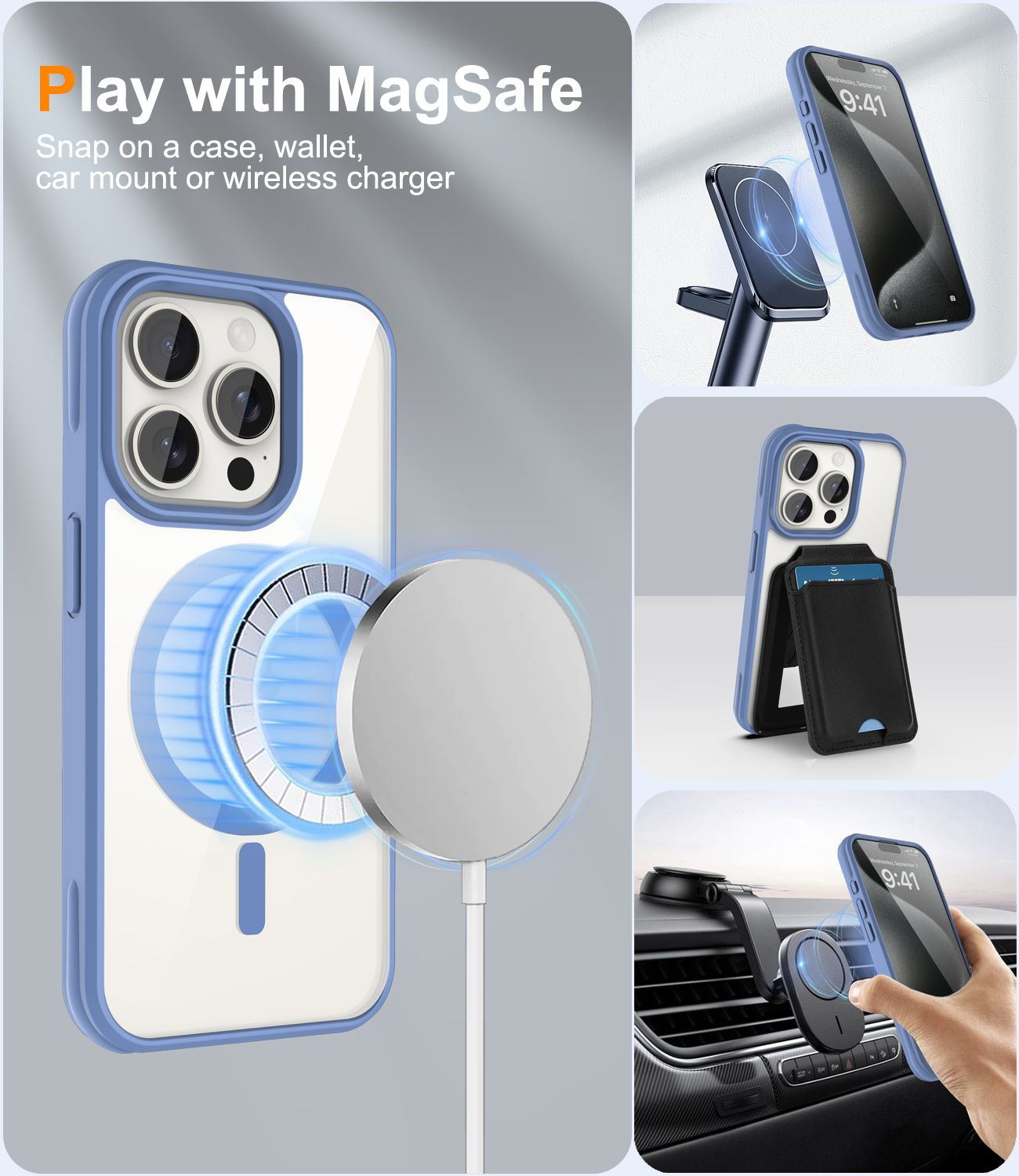 Gezeigt werden ein blaues Telefoncase mit MagSafe-Ladegerät. Beispiele zeigen auch Hüllen, Geldbörsen und eine Autohalterung. Ein Telefon zeigt 9:41.