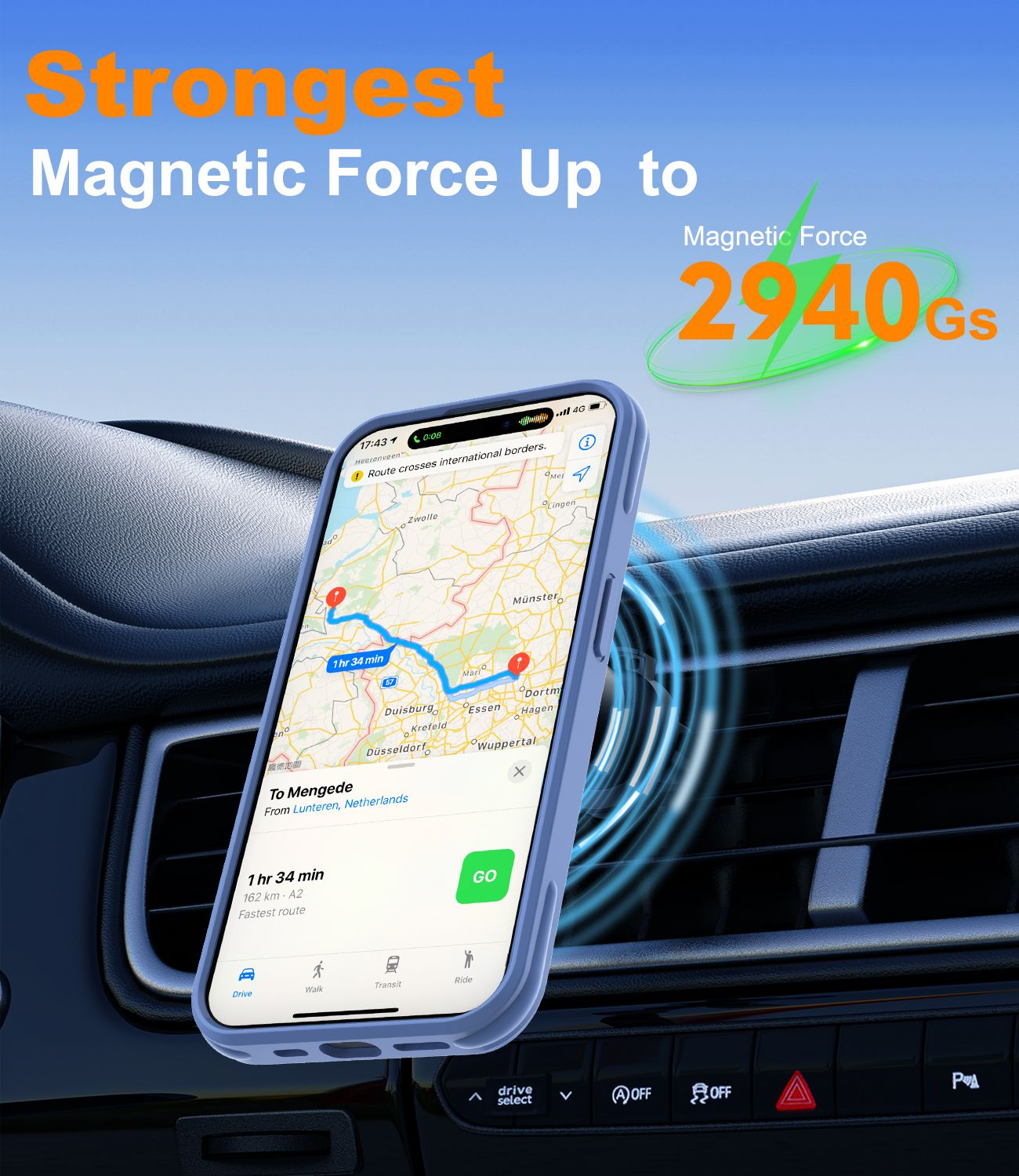 Ein Telefon zeigt eine Karte mit einer Route an. Es ist an einer Lüftung im Auto befestigt. Text: 'Stärkste Magnetkraft bis zu 2940Gs'.