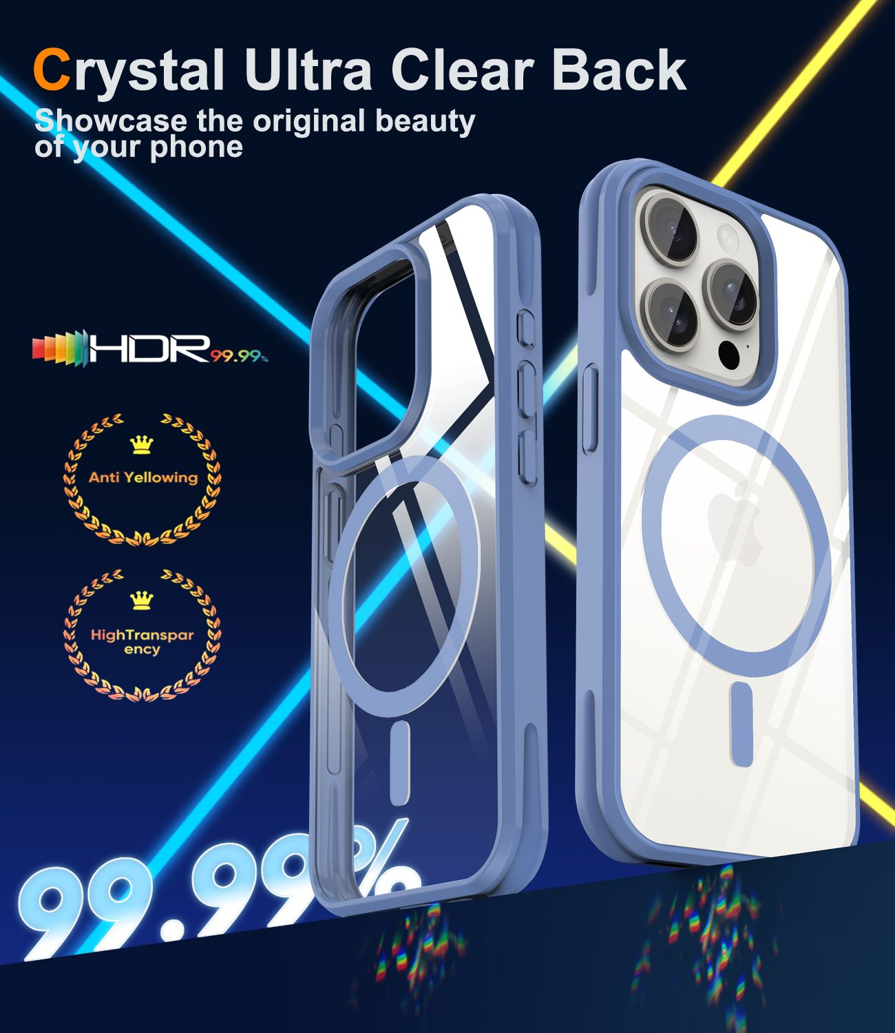 Zwei Handyhüllen mit blauen Rahmen werden gezeigt. Die Hüllen sind klar und zeigen die Rückseite des Telefons. Text weist auf Funktionen wie HDR und Transparenz hin.