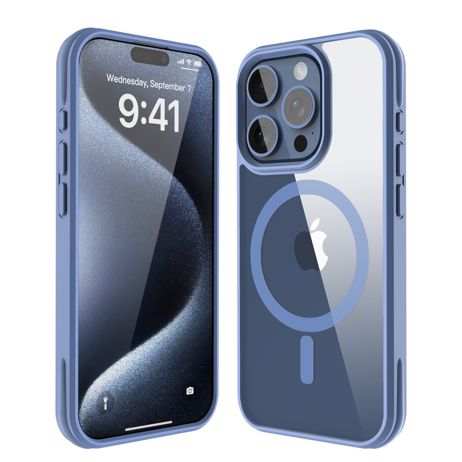 Zwei iPhone 14 Pro-Modelle in blauen Hüllen. Eines zeigt den Bildschirm mit der Uhrzeit 9:41, das andere die Kameralinsen und das Apple-Logo.