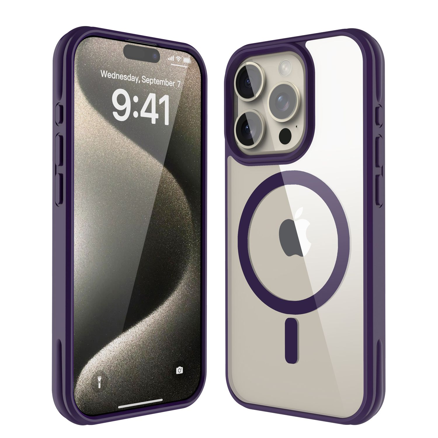 Zwei iPhone-Hüllen mit lila Rahmen. Eines zeigt Uhrzeit und Datum, das andere einen Kreis und ein Rechteck.