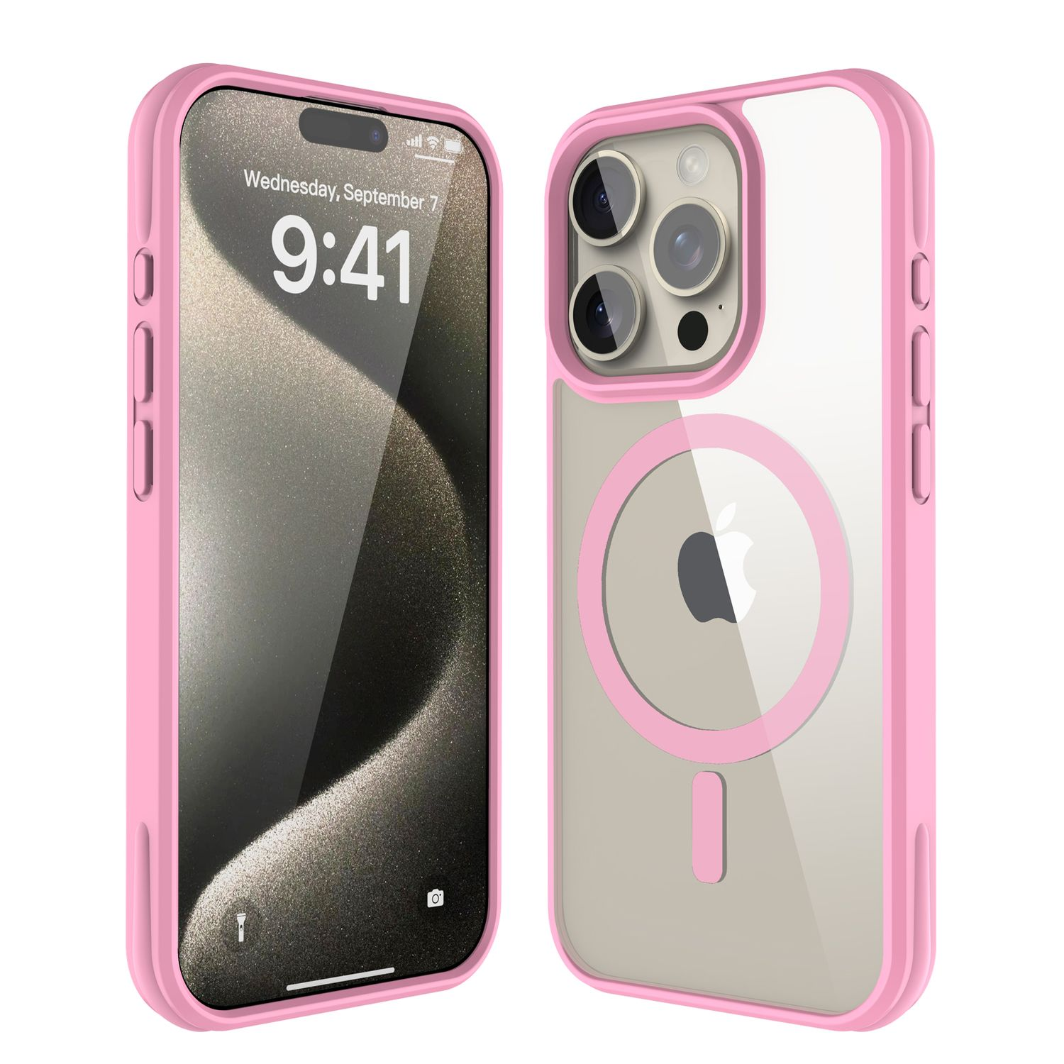 Zwei iPhone-Hüllen, pink umrandet. Eine zeigt den Bildschirm mit 9:41. Die andere Seite zeigt die Kameralinsen und das Apple-Logo.