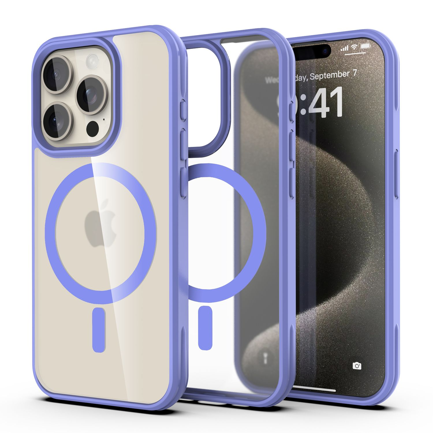 iPhone mit transparenter Hülle, zeigt den Bildschirm mit Datum und Uhrzeit. Die Hülle ist lila mit einem kreisförmigen Design.