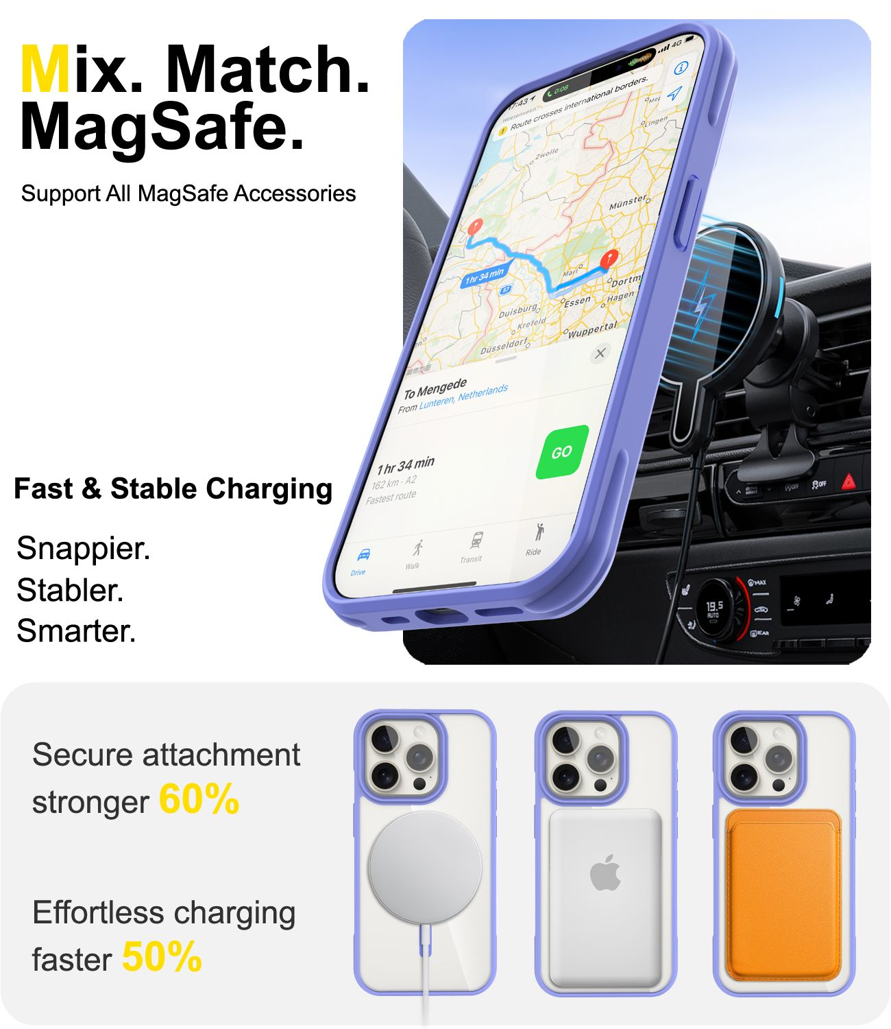 Telefon mit Karte in Autohalterung. Text: Mix. Match. MagSafe, Schnelles Laden, Sichere Befestigung, 60%, schnelleres Laden 50 %.