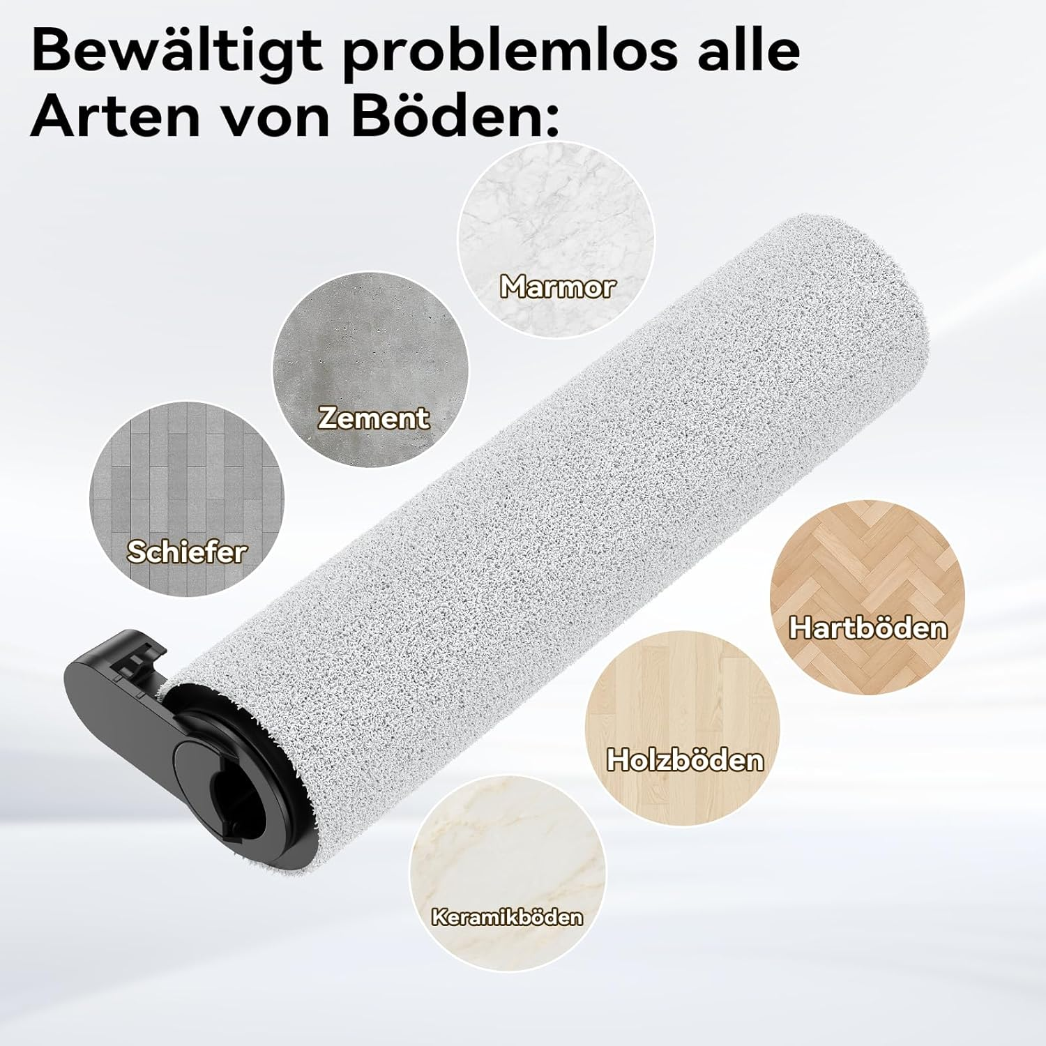 Das Bild zeigt eine Reinigungsrolle mit Text, der darauf hinweist, dass sie verschiedene Bodenbeläge reinigt: Marmor, Zement, Schiefer, Hartholz, Holz und Keramik.