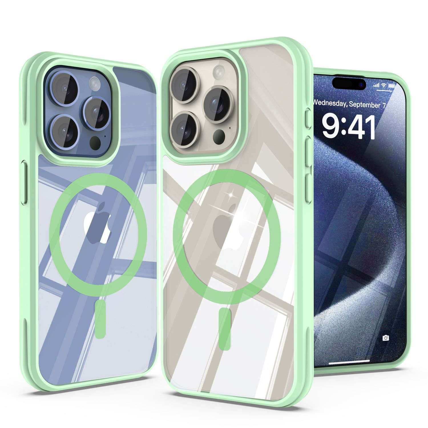 Drei iPhones in grünen Hüllen. Hüllen haben transparente Rückseiten mit Apple-Logo und Magnetkreisen. Eines zeigt Datum und Uhrzeit.