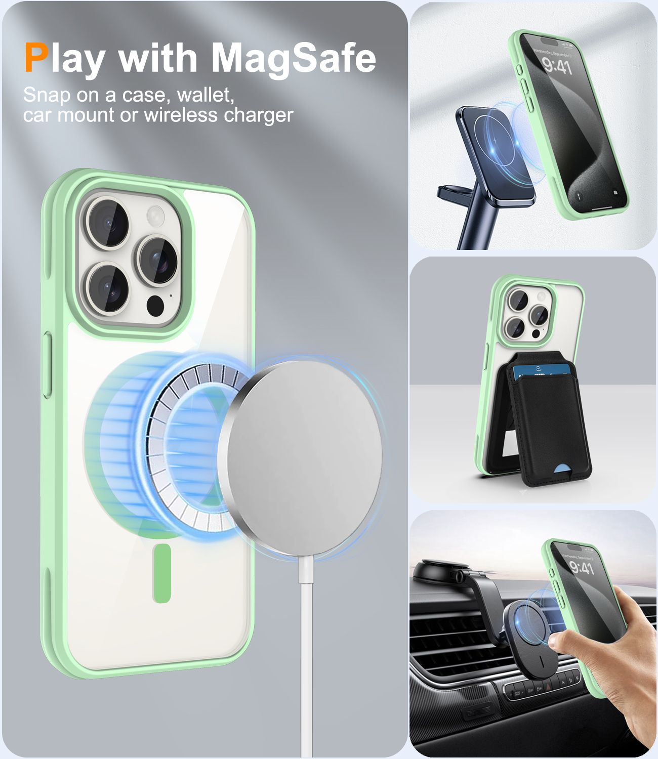 Ein iPhone in einer grünen Hülle wird mit MagSafe-Zubehör gezeigt, darunter ein Ladegerät, eine Geldbörse und eine Autohalterung.