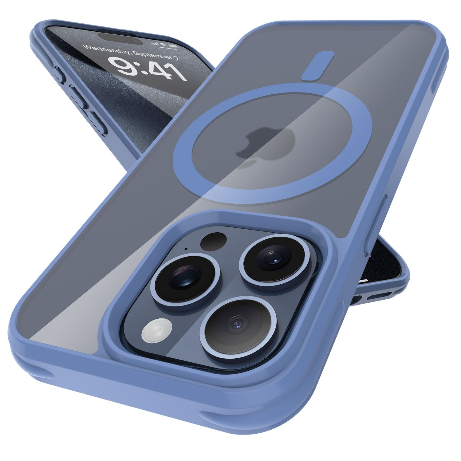 Zwei Smartphones in Schutzhüllen. Eines zeigt 9:41 auf dem Bildschirm an. Hüllen sind blau, transparent und grau. Apple-Logo sichtbar.