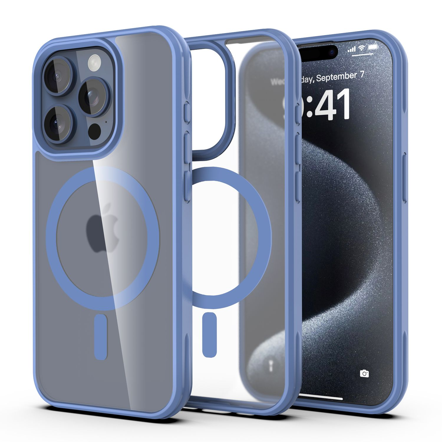 Blaue iPhone-Hülle mit transparentem Rücken, die das Telefon zeigt. Die Hülle besteht aus drei Teilen, das Telefon ist sichtbar.