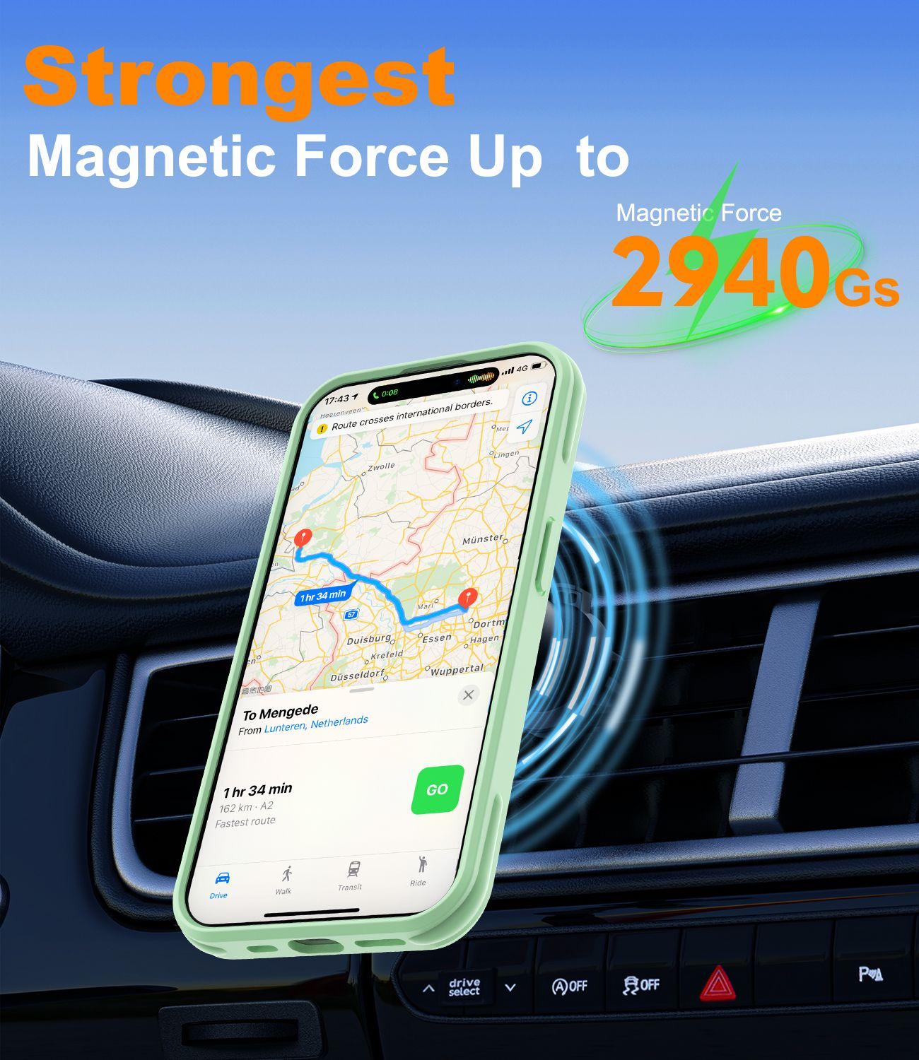 Ein Telefon mit Navigation ist in einem Auto montiert. Der Bildschirm zeigt eine Route. Text-Overlay: 'Stärkste Magnetkraft bis zu 2940GS'.