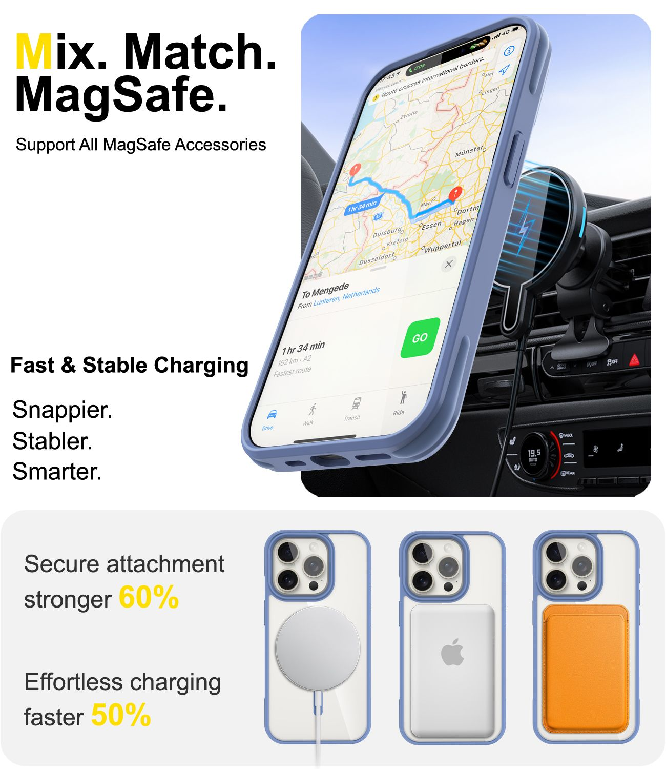 Telefon mit Navigation in Autohalterung, Aufladen. Hüllen mit MagSafe-Zubehör: Ladegerät, Geldbörse. Text: Mix. Match. MagSafe.