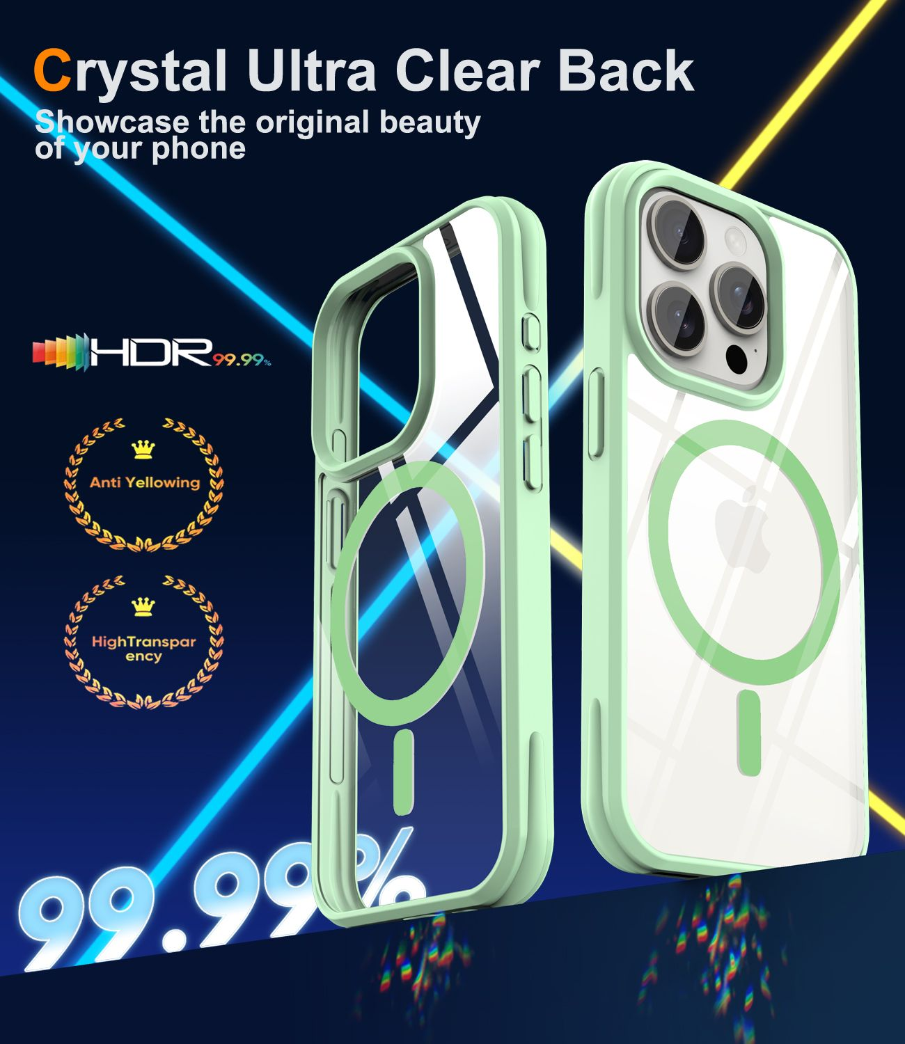 Das Bild zeigt Handyhüllen, die Klarheit und Eigenschaften wie Anti-Vergilbung und hohe Transparenz hervorheben. Text enthält 'Crystal Ultra Clear Back'.