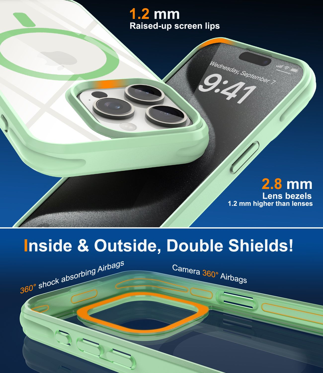 Eine hellgrüne Handyhülle. Die Hülle hat erhöhte Bildschirmränder, Linsenblenden und stoßabsorbierende Airbags. Das Telefon zeigt die Uhrzeit an.